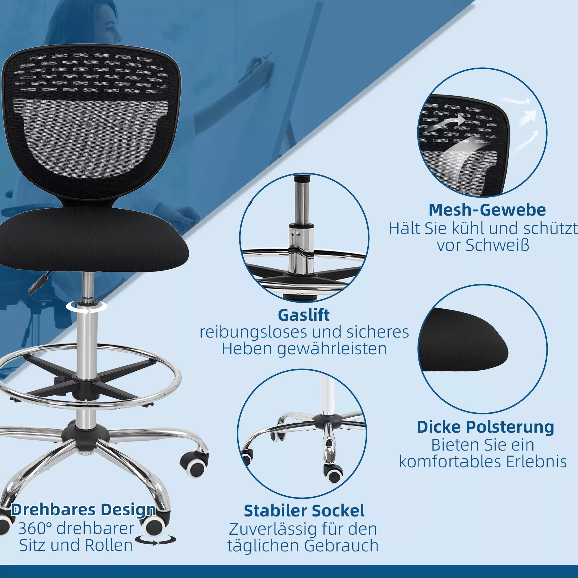 Infografika: juodos kėdės mechanizmų detalė – dujinis liftas, tinklinis atlošas, putų sėdynė