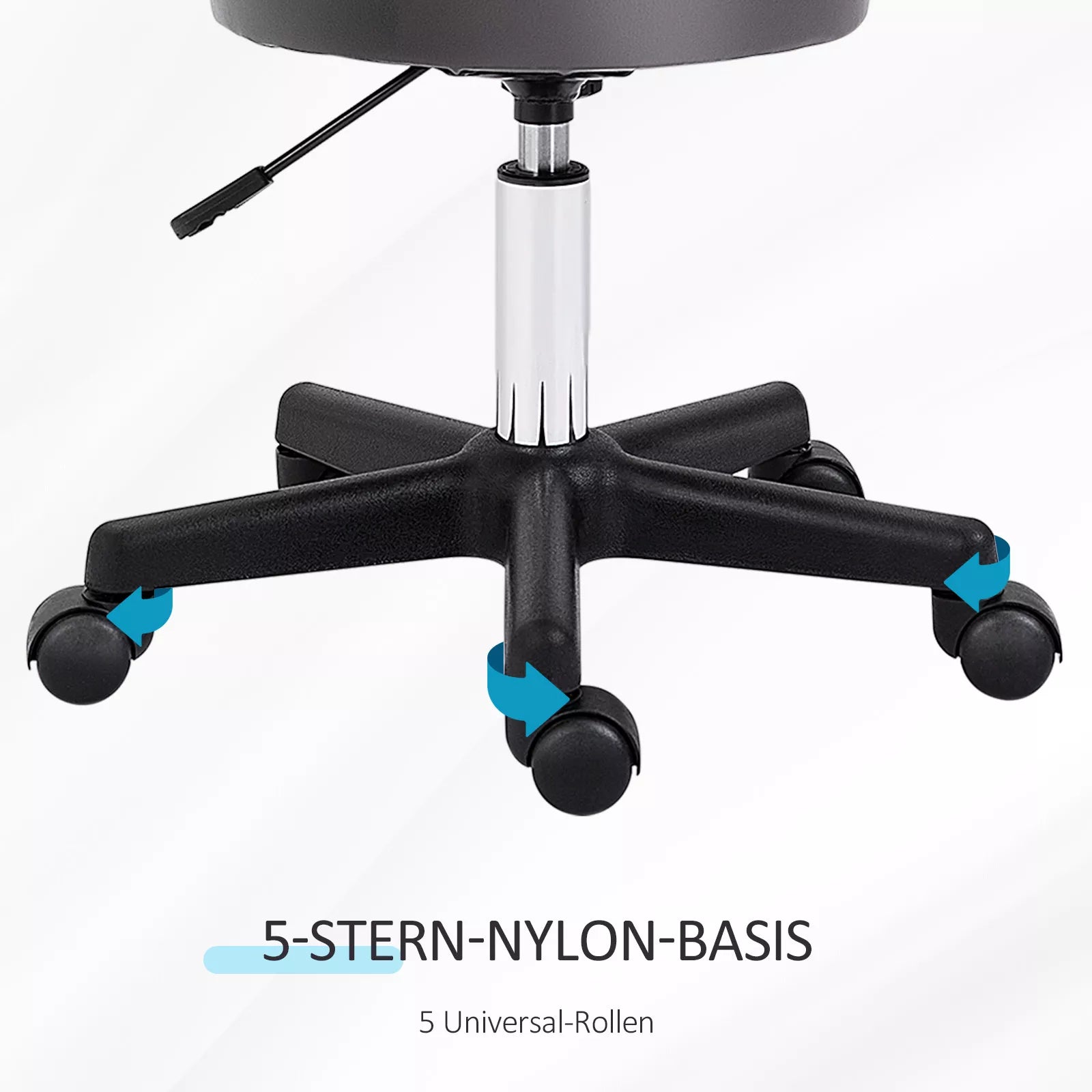 Salono taburetė, reguliuojamo aukščio, ergonomiška, 360° besisukanti, su 5 ratukais, pilkos spalvos sintetinė danga