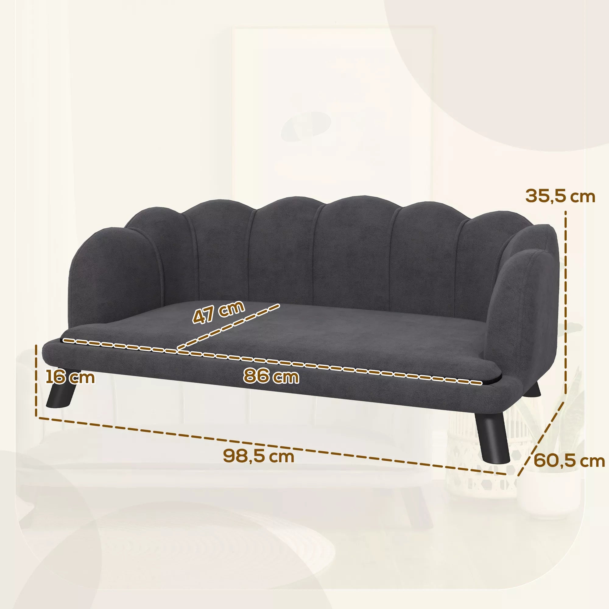 Šunų sofa, skalbiama danga, naminių gyvūnų sofa su atlošu ir medinėmis kojomis, kačių sofa, vidutinio dydžio šunims iki 25 kg, tamsiai pilka