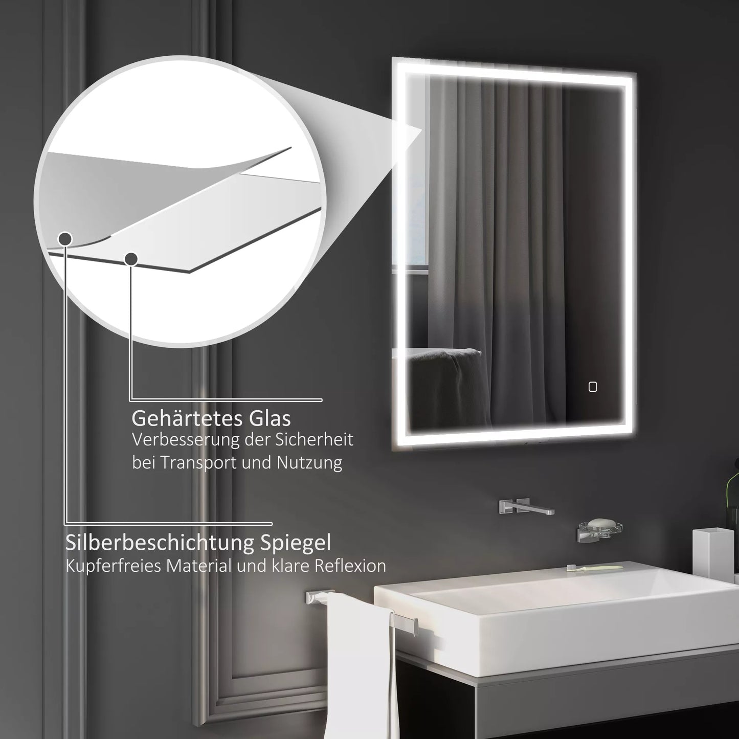 Vonios veidrodis su apšvietimu 90x70 cm LED Sieninis veidrodis su atminties funkcija 3 šviesos spalvos Sidabrinis