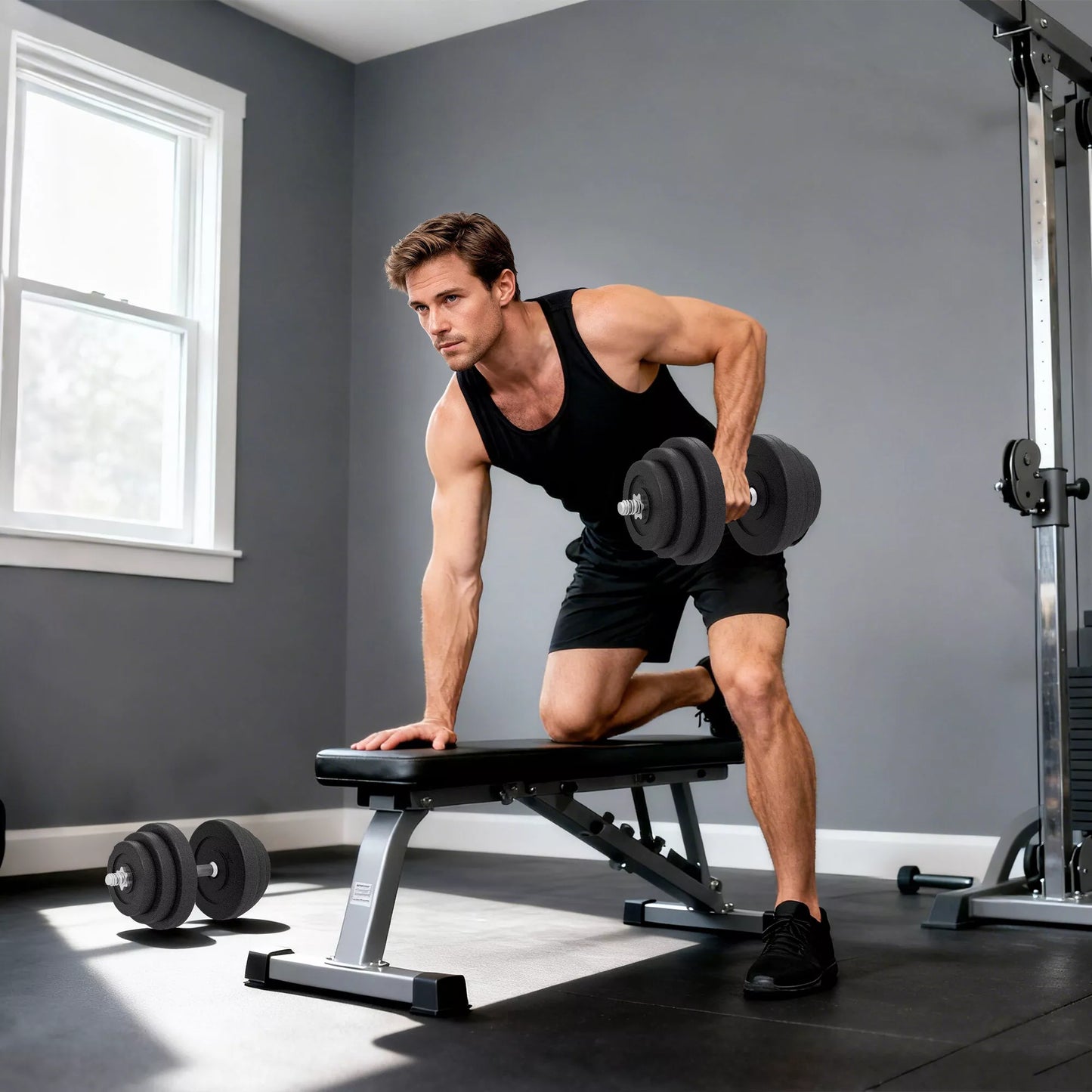 Hantelių rinkinys 40 kg, 2 metalinės rankenos, 12 hantelių diskų, apsaugo grindis, juodas