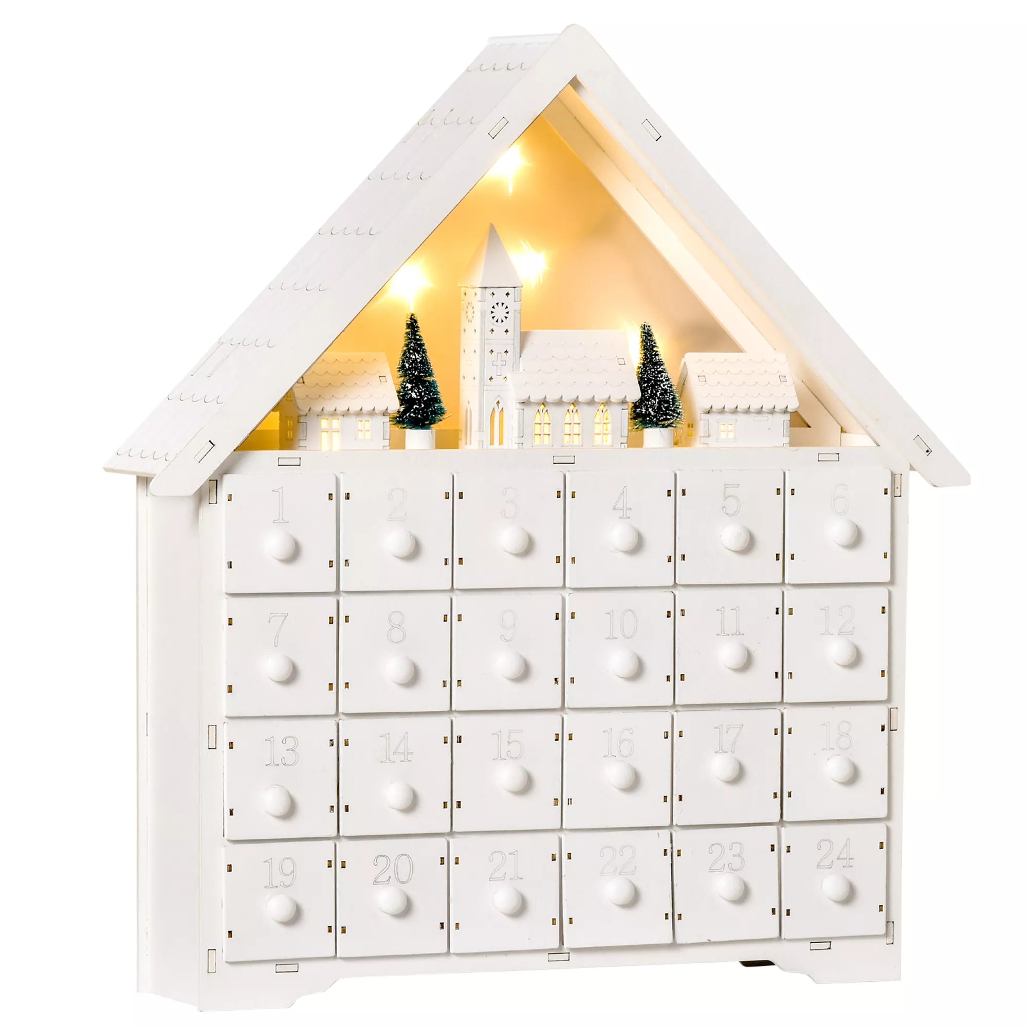 Advento kalendorius Kalėdinė puošmena, 24 stalčiukai, LED lemputės, 39 cm x 9 cm x 42 cm, Balta + Žalia