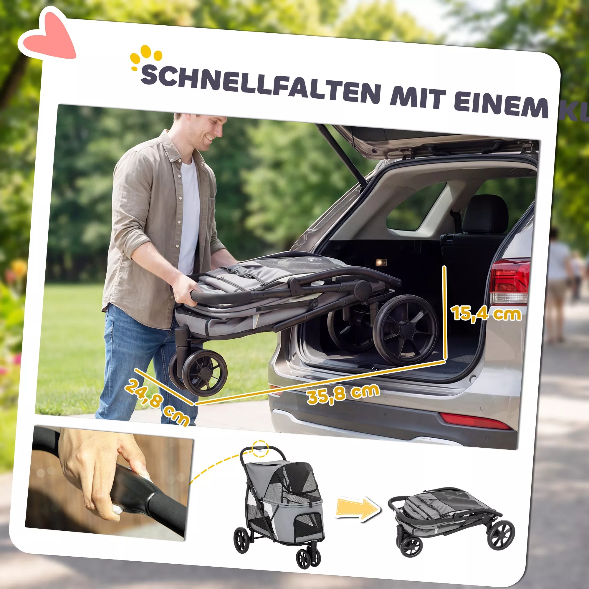 Sulenkiamas šunų vežimėlis su plaunamu pagalvėliu, tinkliniais langais, 3 ratais, skirtas vidutinio dydžio šunims iki 20 kg, pilkos spalvos