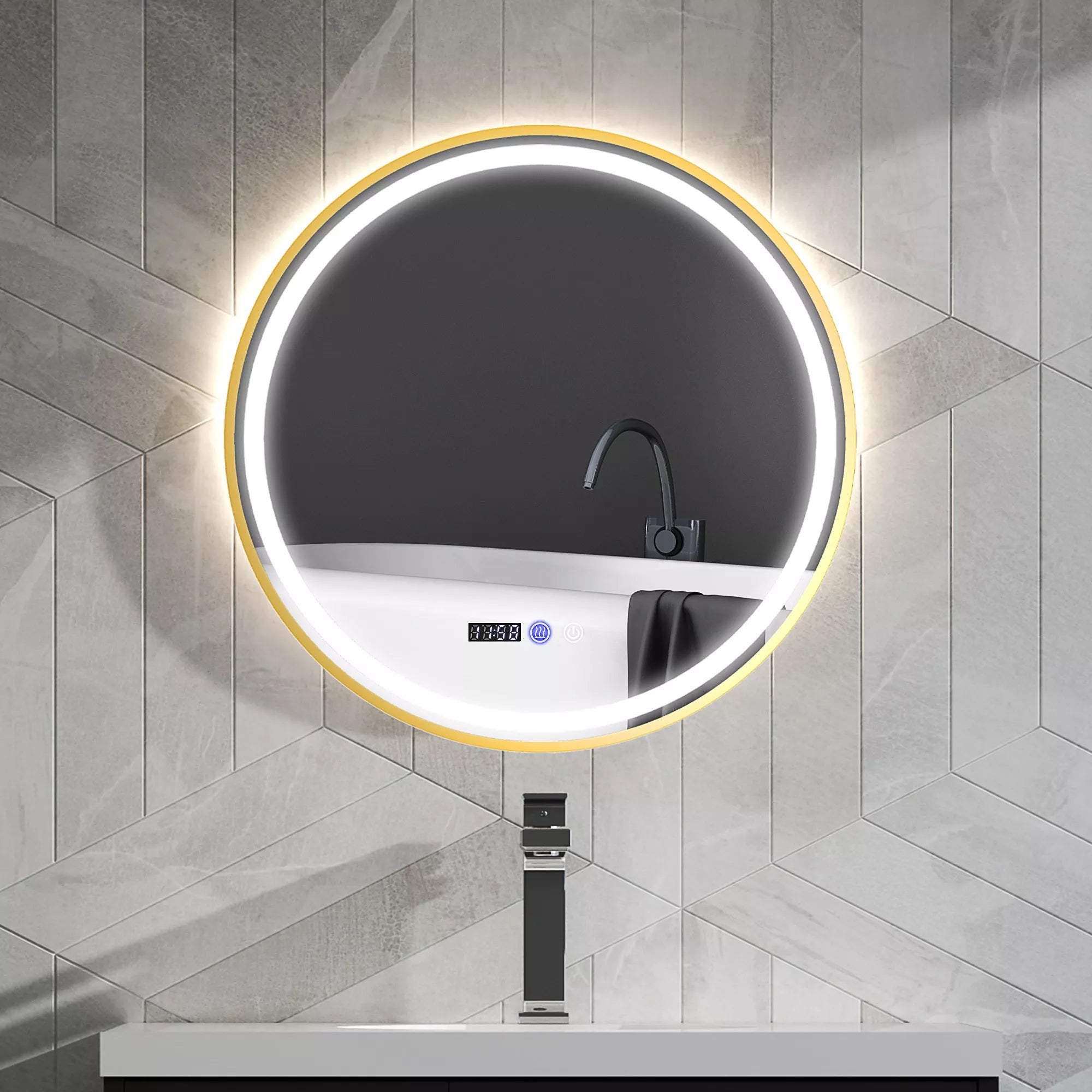 Apvalus vonios veidrodis su LED apšvietimu, vonios veidrodis su apsauga nuo rasojimo, jutiklinis valdymas, ekranas