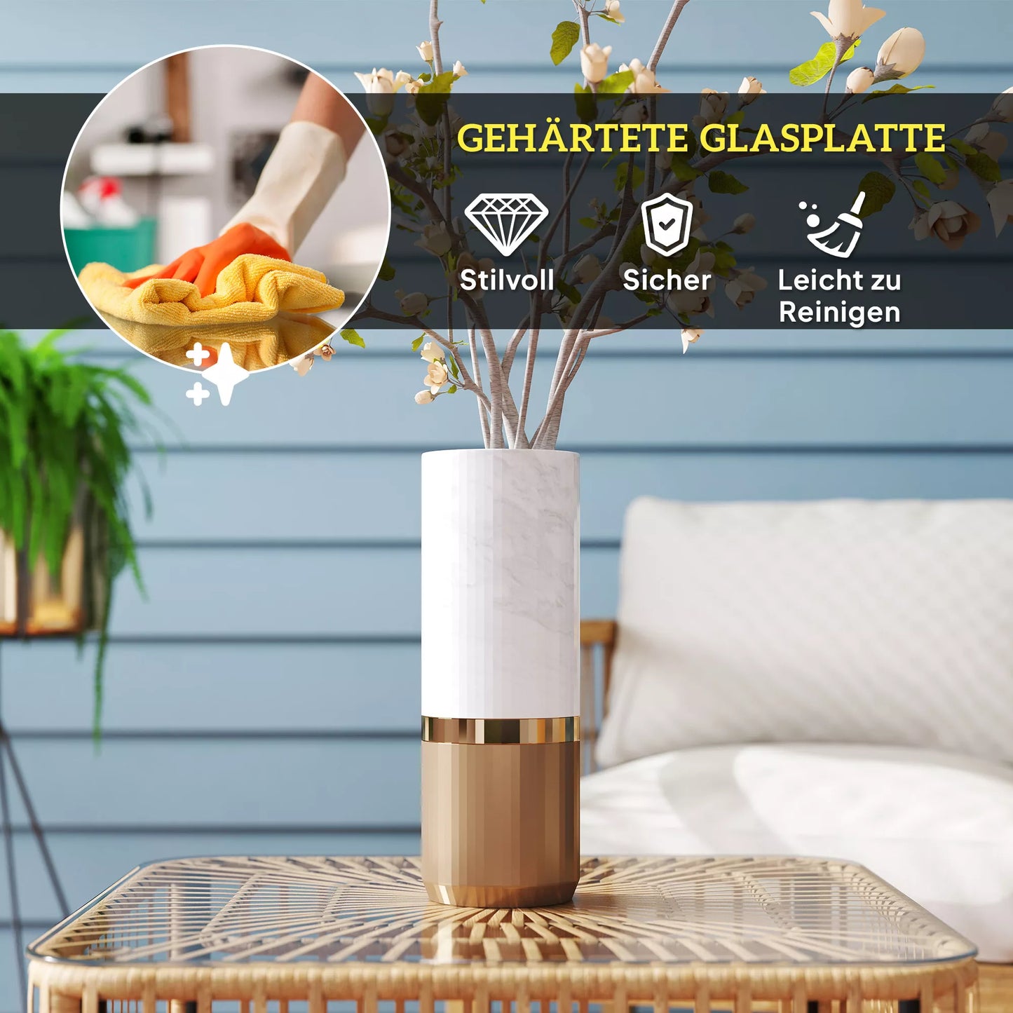 Polirataninis lauko staliukas, 65 x 65 x 43 cm, atsparus oro sąlygoms, kvadratinis pagalbinis staliukas su stikliniu stalviršiu, natūralios medienos imitacija