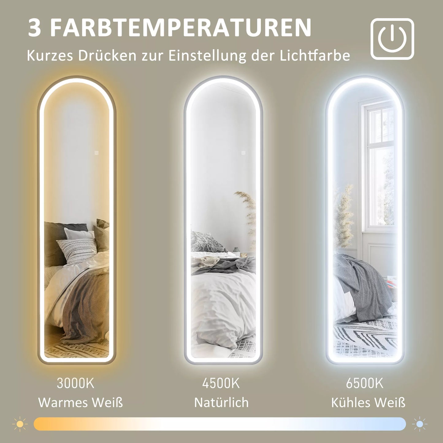 Viso kūno veidrodis, 150 x 40 cm, pastatomas veidrodis su pritemdomu LED apšvietimu svetainei, miegamajam