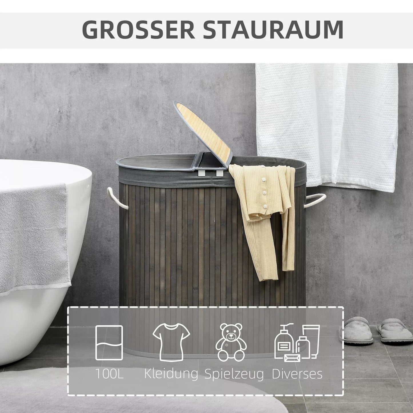 100 L skalbinių krepšys su dangčiu, rankenomis, 2 skyriais, išimamu skalbinių maišu, miegamajam, vonios kambariui, bambukas, pilkos spalvos