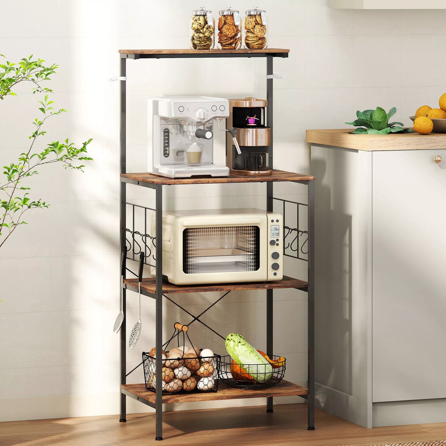 Virtuvės lentynos, 4 pakopų dizainas, stalviršis, 8 kabliai, metaliniai vamzdžiai, rudos ir juodos spalvos