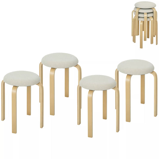 Pufų komplektas iš 4 vnt., sukraunamas, lakuotas paviršius, medinės kojelės, kreminės baltos