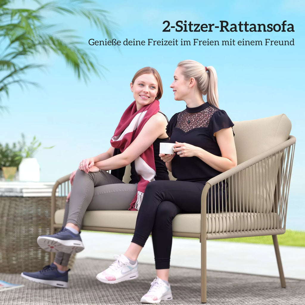 2-vietė rotango sofa su pagalvėlėmis, poilsio sofa, atspari oro sąlygoms, smėlio spalvos