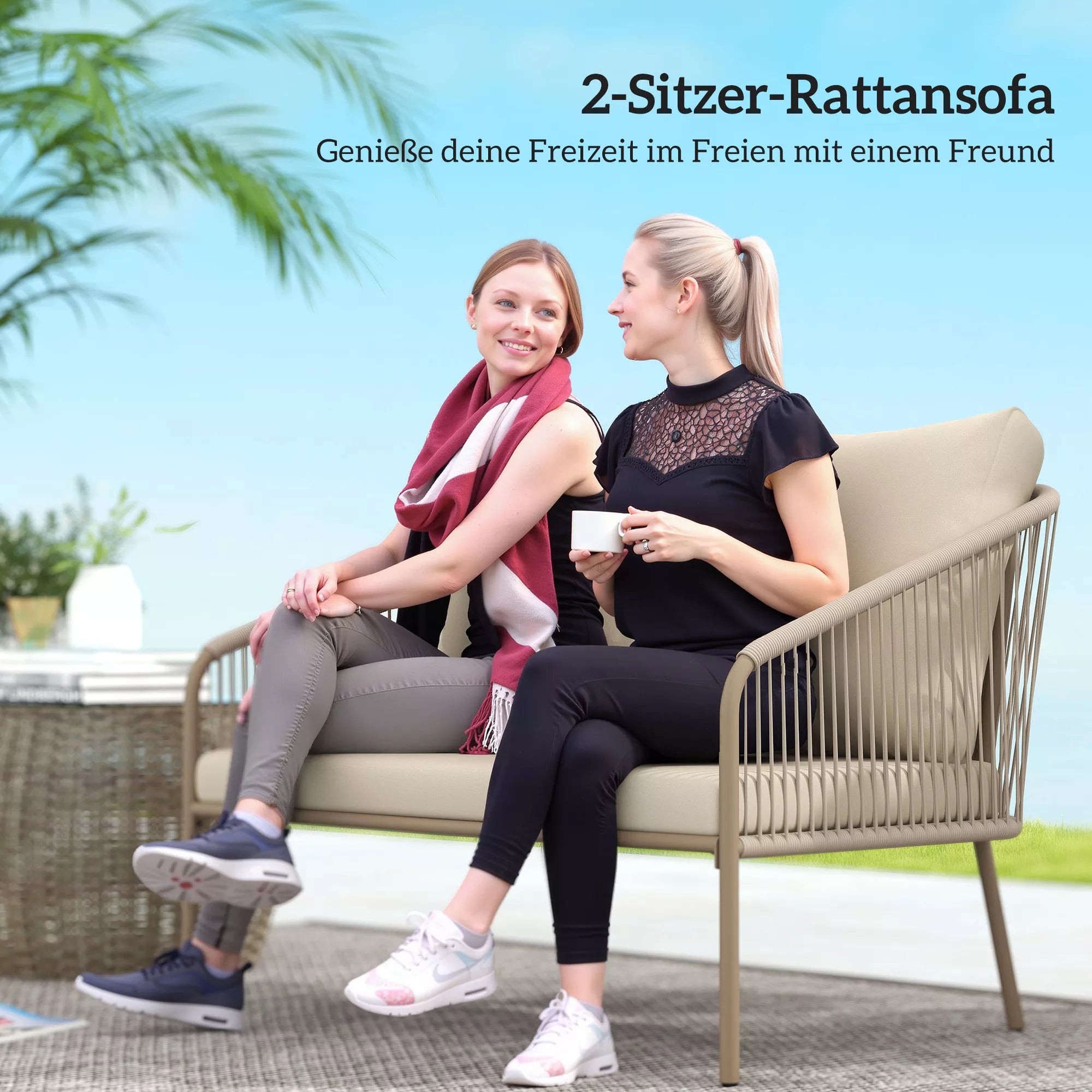 2-vietė rotango sofa su pagalvėlėmis, poilsio sofa, atspari oro sąlygoms, smėlio spalvos