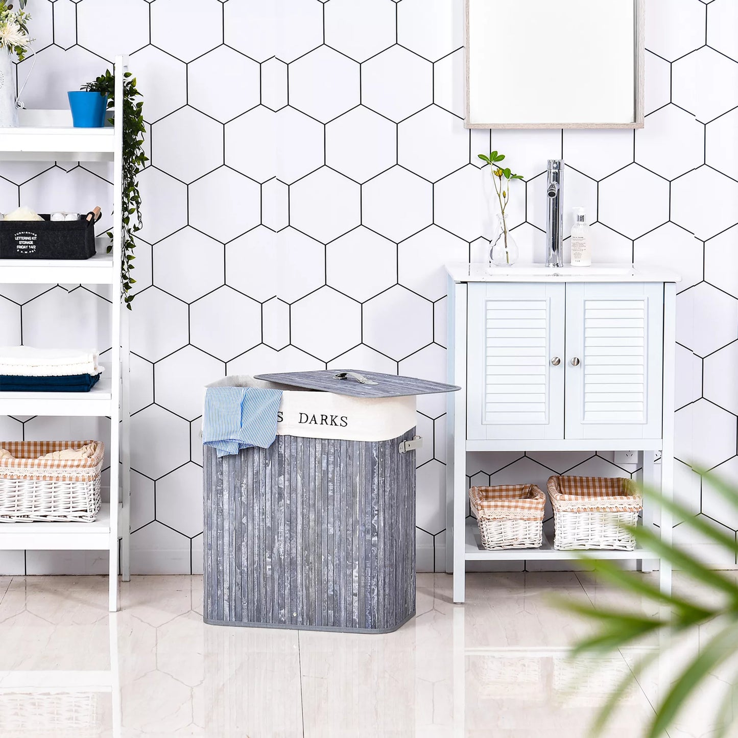 Bambukinė skalbinių dėžė su dangčiu, 100 L, skalbinių surinktuvas su PU rankenomis, drobinis skalbinių maišas, skalbinių tvarkytuvas skalbyklai, miegamajam, vonios kambariui, pilka