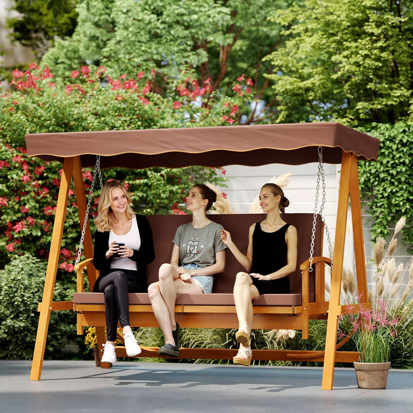 Lauko, sodo  sūpynės su saulės stogu, natūralaus medžio sodo sūpynės, sūpynės su atlošimo funkcija, 3 asmenims, rudos spalvos