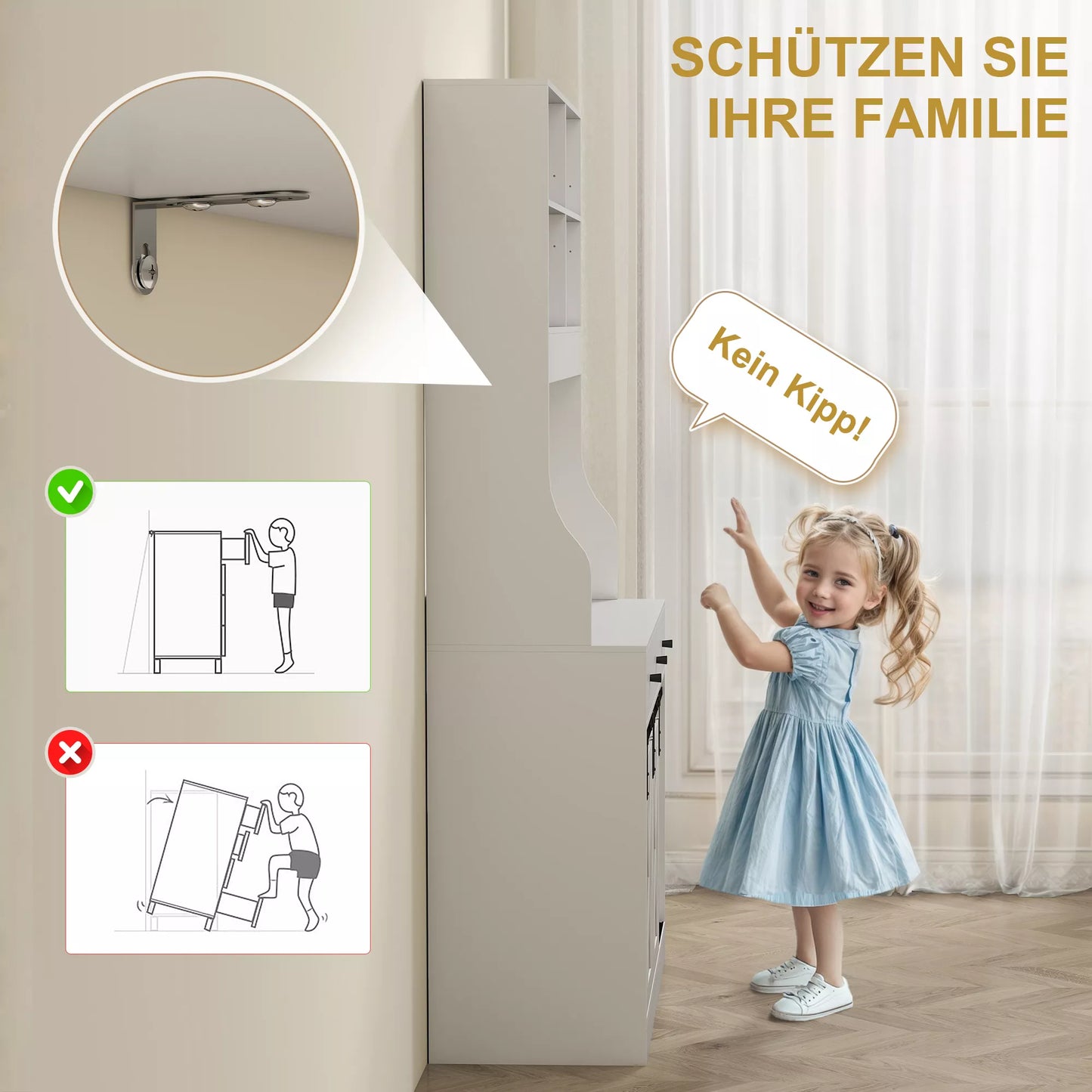 Virtuvės spintelė su lentynomis, skyriais, stalčiais ir laikymo paviršiumi, sodybos stiliaus, reguliuojamomis lentynomis, medinė, balta