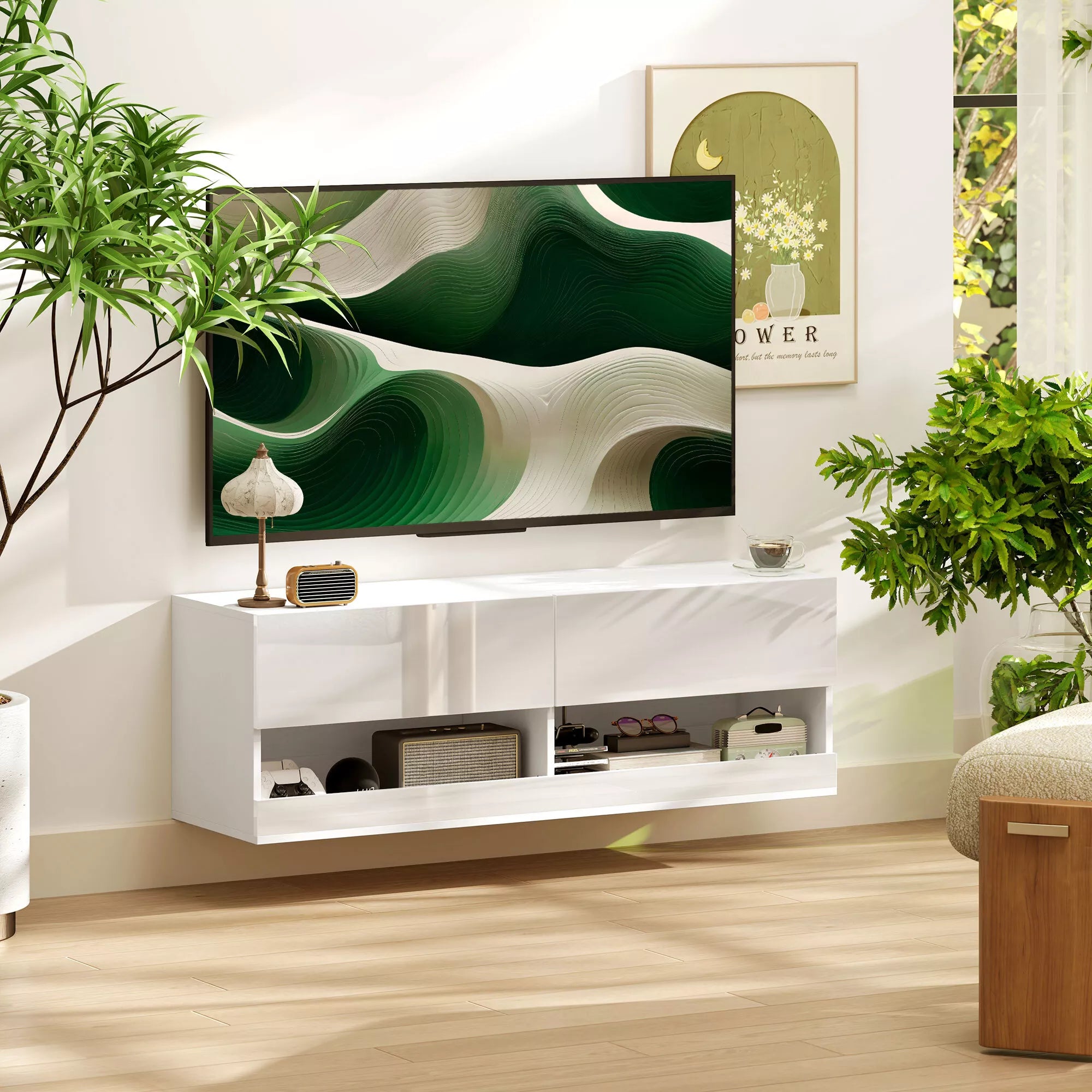 Sieninė TV spintelė su LED apšvietimu, 16 mirksėjimo režimų, atviros lentynos, 120 x 35 x 40,5 cm, balta