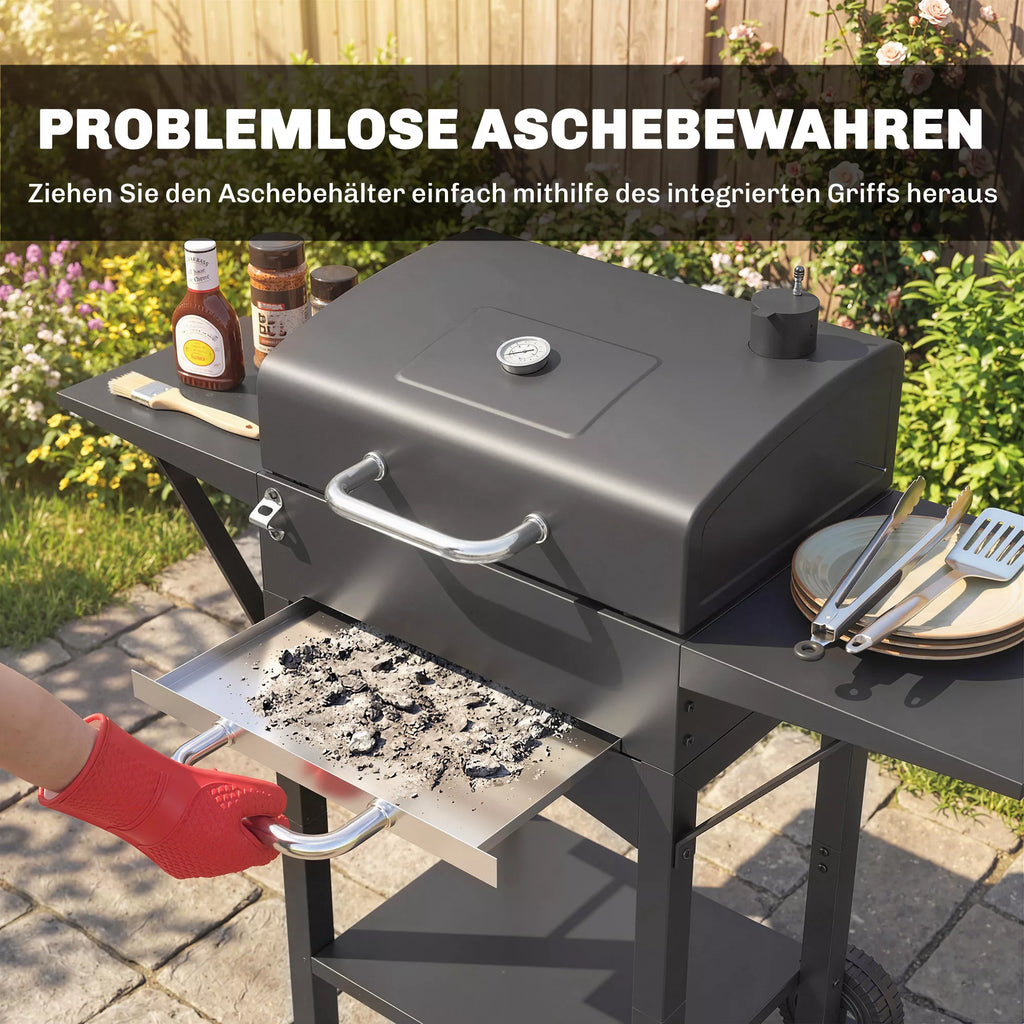 Anglies grilis su dangčiu, BBQ rūkymo grilis su 2 šoniniais stalais Didelis grilio paviršius Grilio grotelės Termometras Ratai