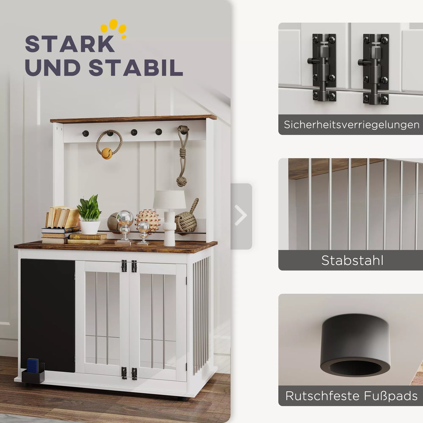 Šunų dėžė su laikymo lentyna žaislams, kabliai pavadėliams, rašomoji lenta, trintukas, dideliems šunims, balta