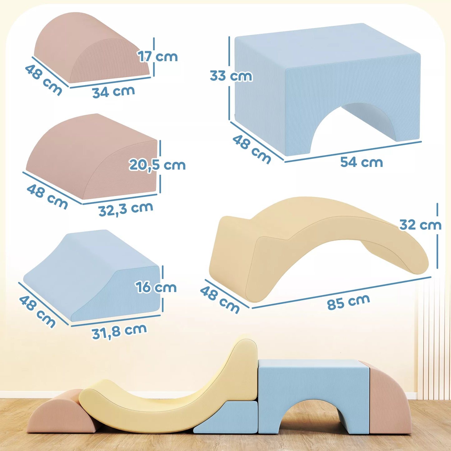 5 vnt. putų lipimo blokų rinkinys, apmuštas aksomu, lengvas, skirtas statyti, ropinėti, lipti, spalvotas