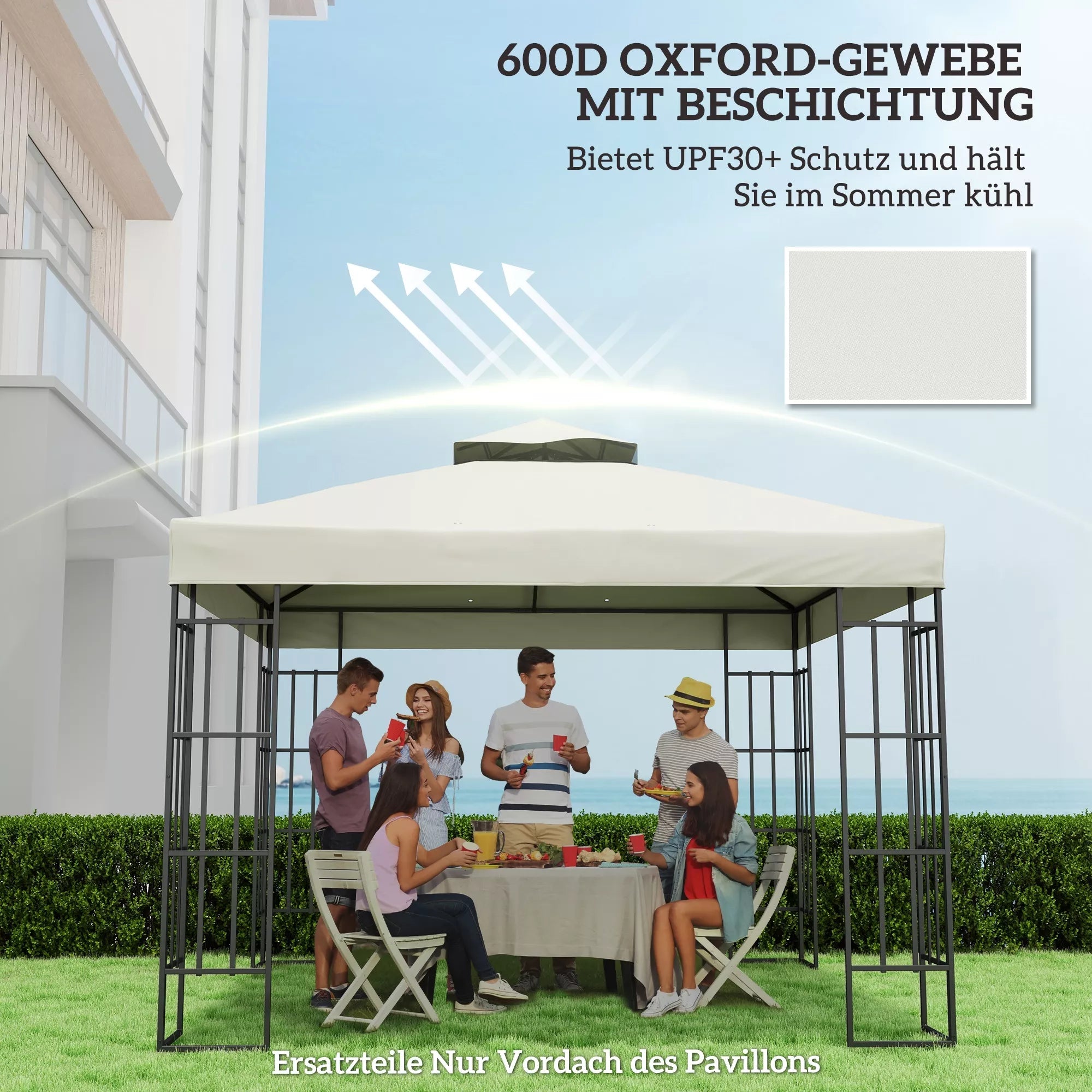 3 x 3 m atsarginis stogas paviljonui, atsarginis paviljono tentas su vandens nutekėjimo angomis, UPF30+, apsauga nuo saulės, šviesiai pilkos spalvos