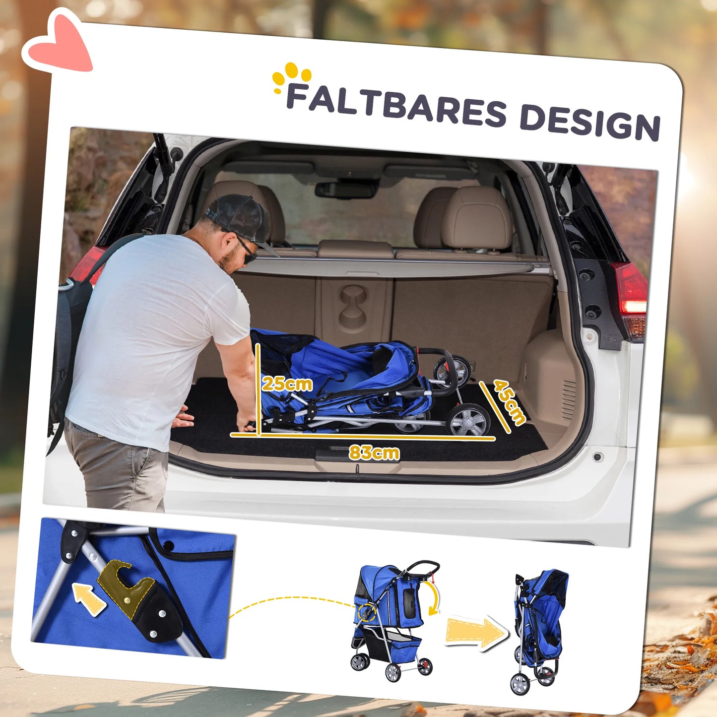 Šunų vežimėlis iki 10 kg, sulankstomas, su tinklelio langu, laikymo krepšiu, 2 puodelių laikikliais, mėlynas