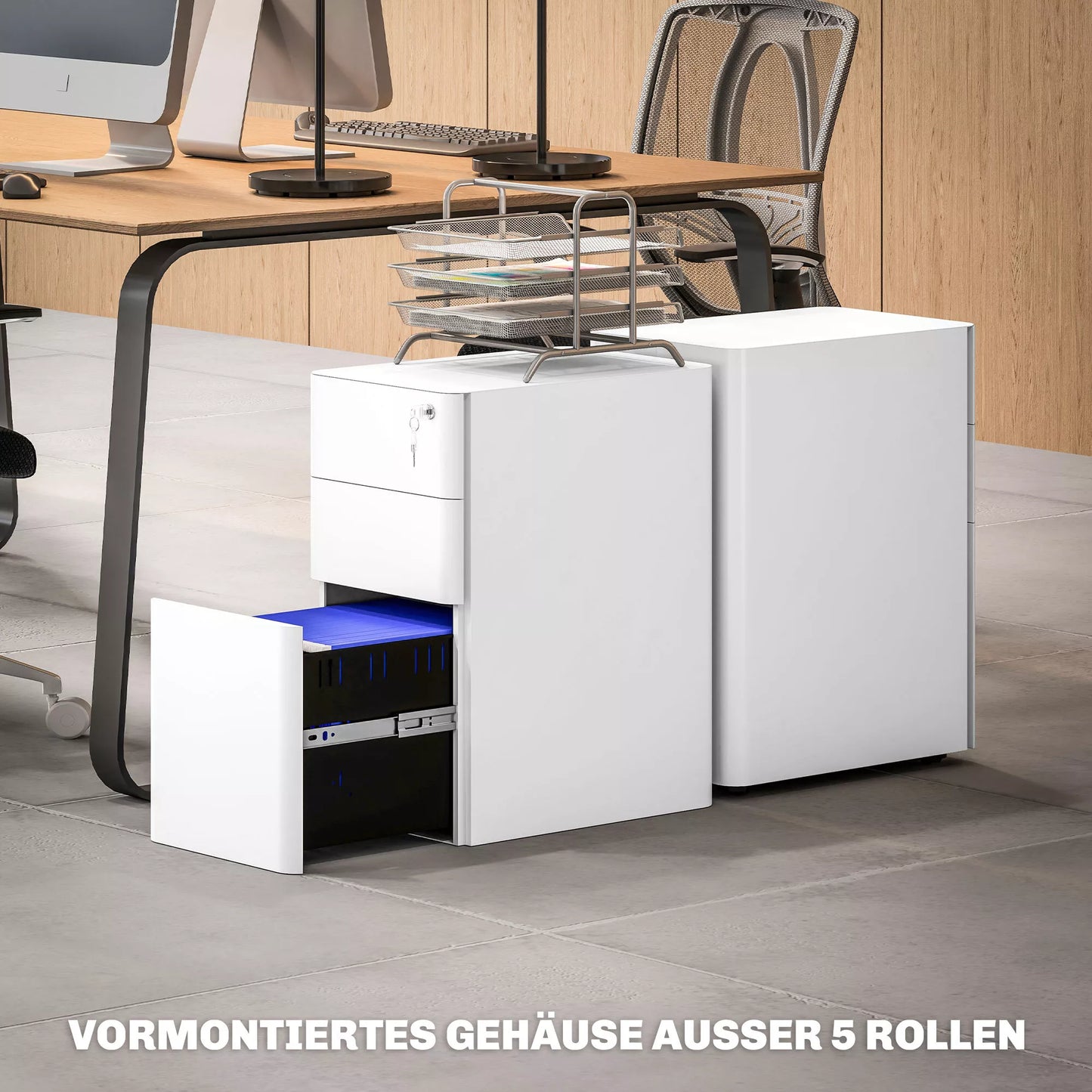 Metalinė dokumentų spinta, biuro spinta, 3 stalčiai, ratukai, balta