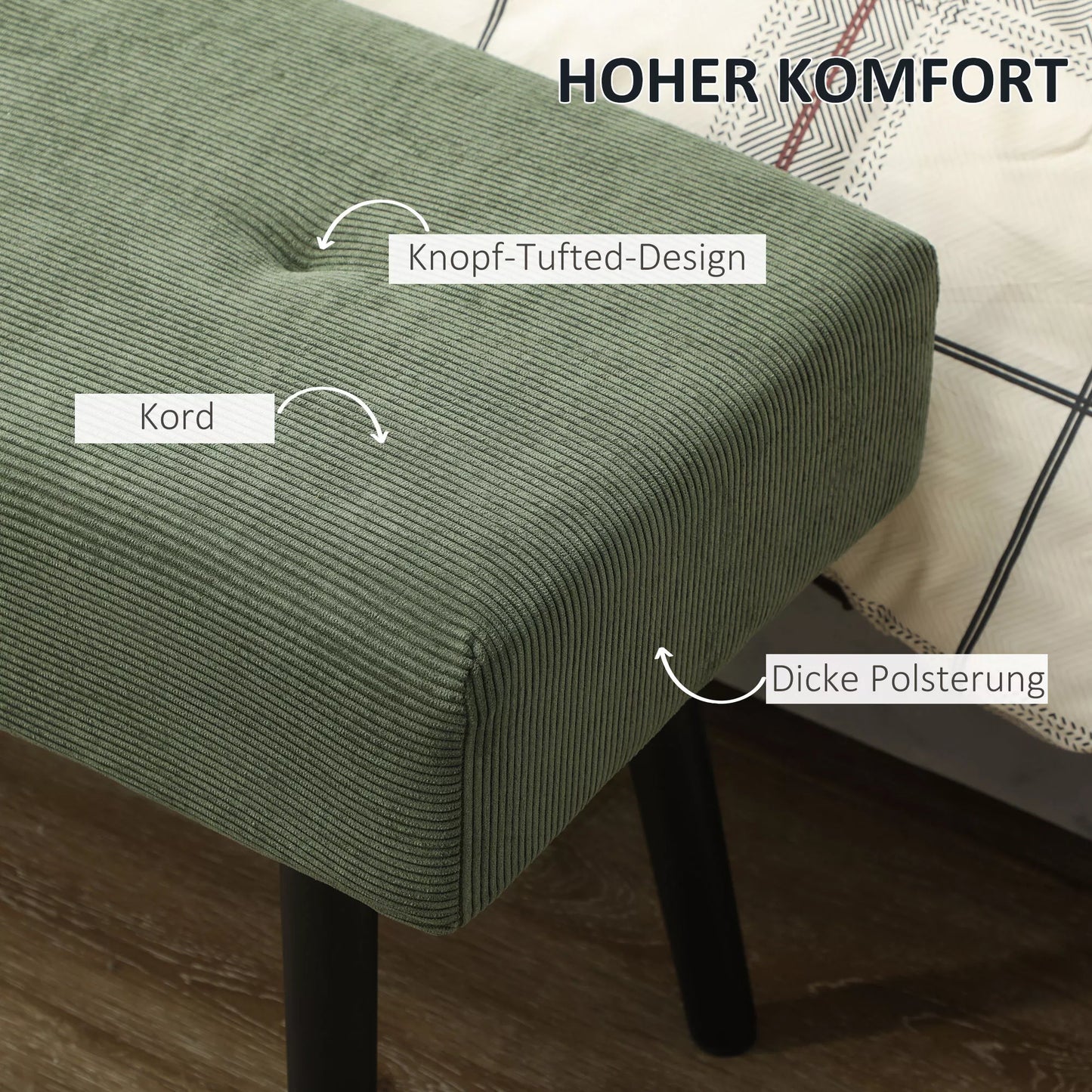 Sėdima bankelė su kordo apmušalu, minkšta bankelė su metalinėmis kojomis, avalynės bankelė 100 x 36 x 45 cm žalia