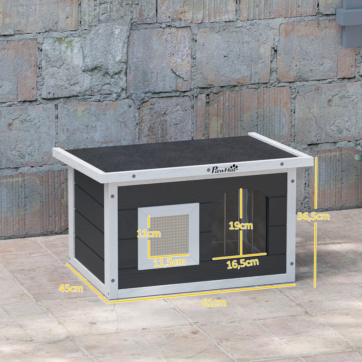 Katės namelis, prieglobstis katėms ir triušiams, medinis namelis su nagų galandimo kilimėliu, durelėmis, 61 x 45 x 36,5 cm, pilkos spalvos