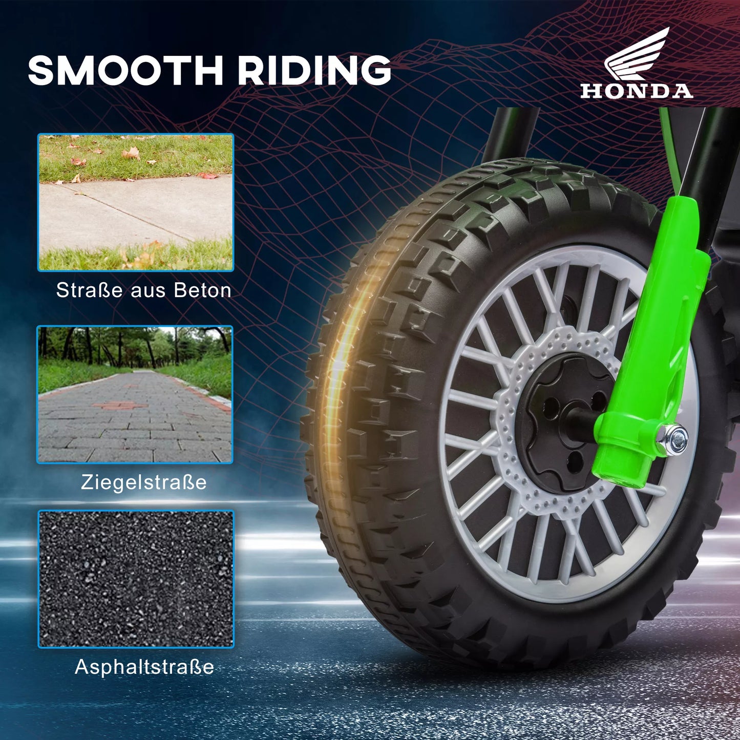 Elektrinis vaikiškas motociklas Honda, 3 km/h, su garso efektais, skirtas 18-36 mėn., žalias