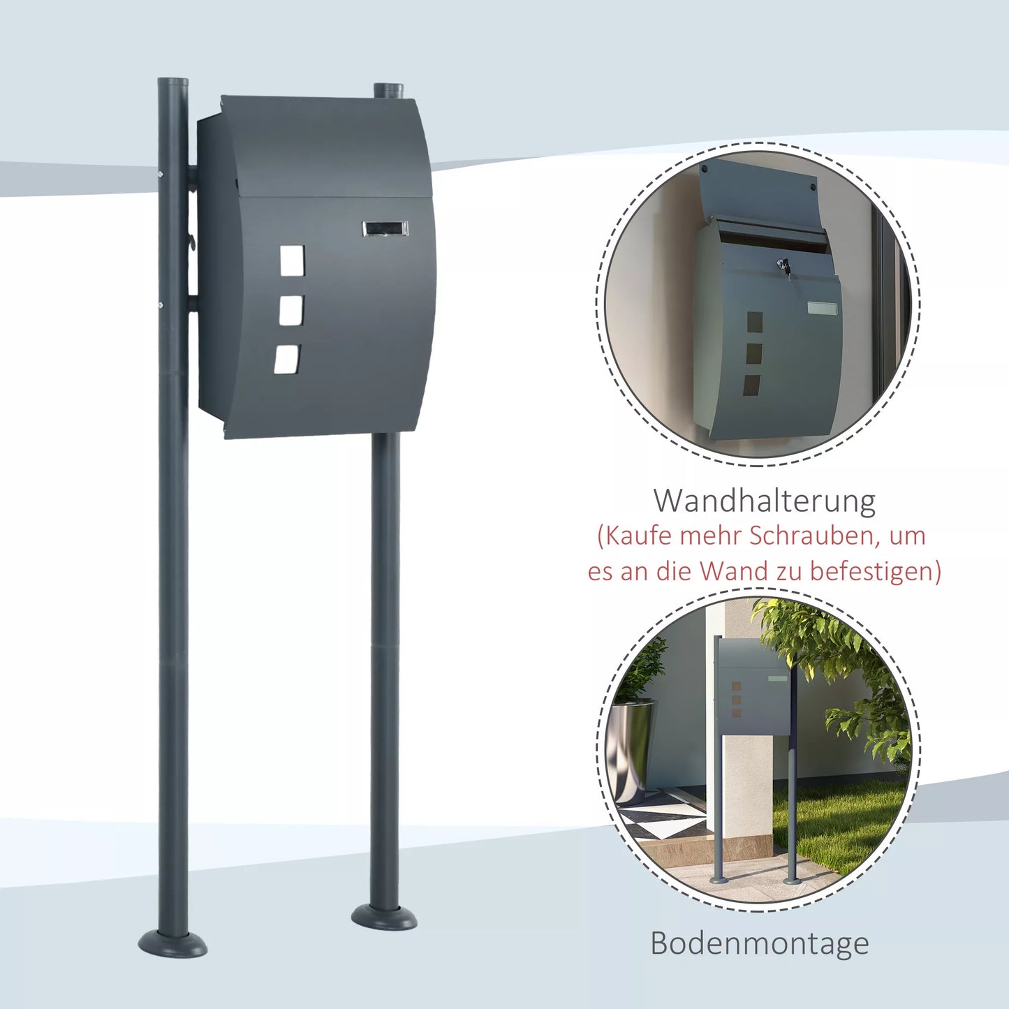 Pašto dėžutė, užraktas, pastatoma pašto dėžutė, 2 raktai, plienas, 44 cm x 15 cm x 114 cm, Pilka