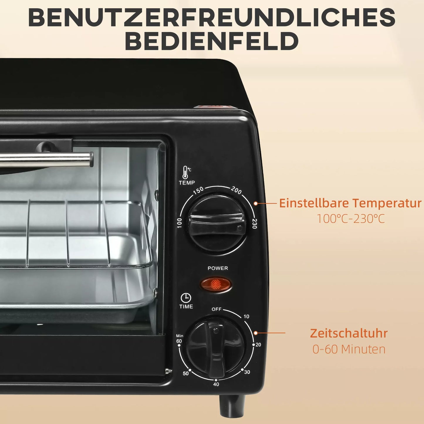 Mini orkaitė skrudintuvui, 1 kepimo skarda, 1 grotelių skrudinimui, 10 L talpa, laikmačio funkcija, 36.5 cm x 26 cm x 22 cm, juoda