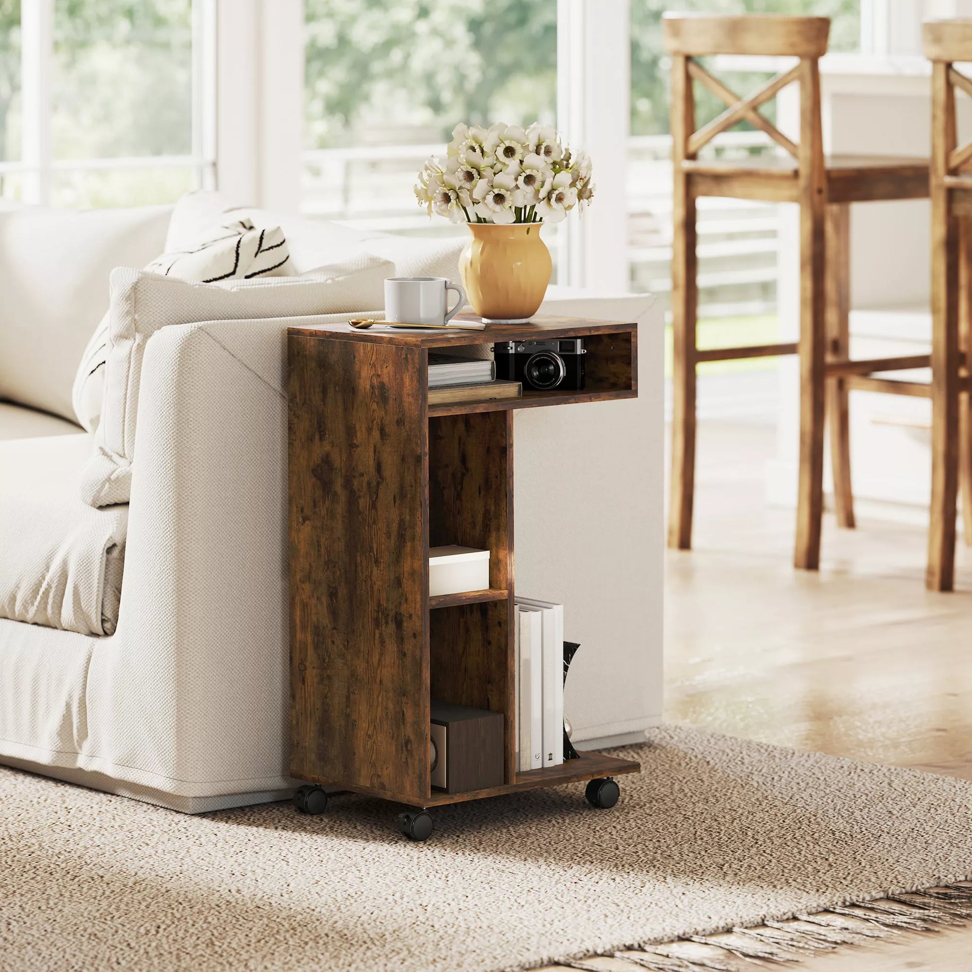 Stalinis staliukas, C formos serviravimo vežimėlis, 4 ratukai, 3 lentynos, 40 x 30 x 69 cm, Rusty-Brown