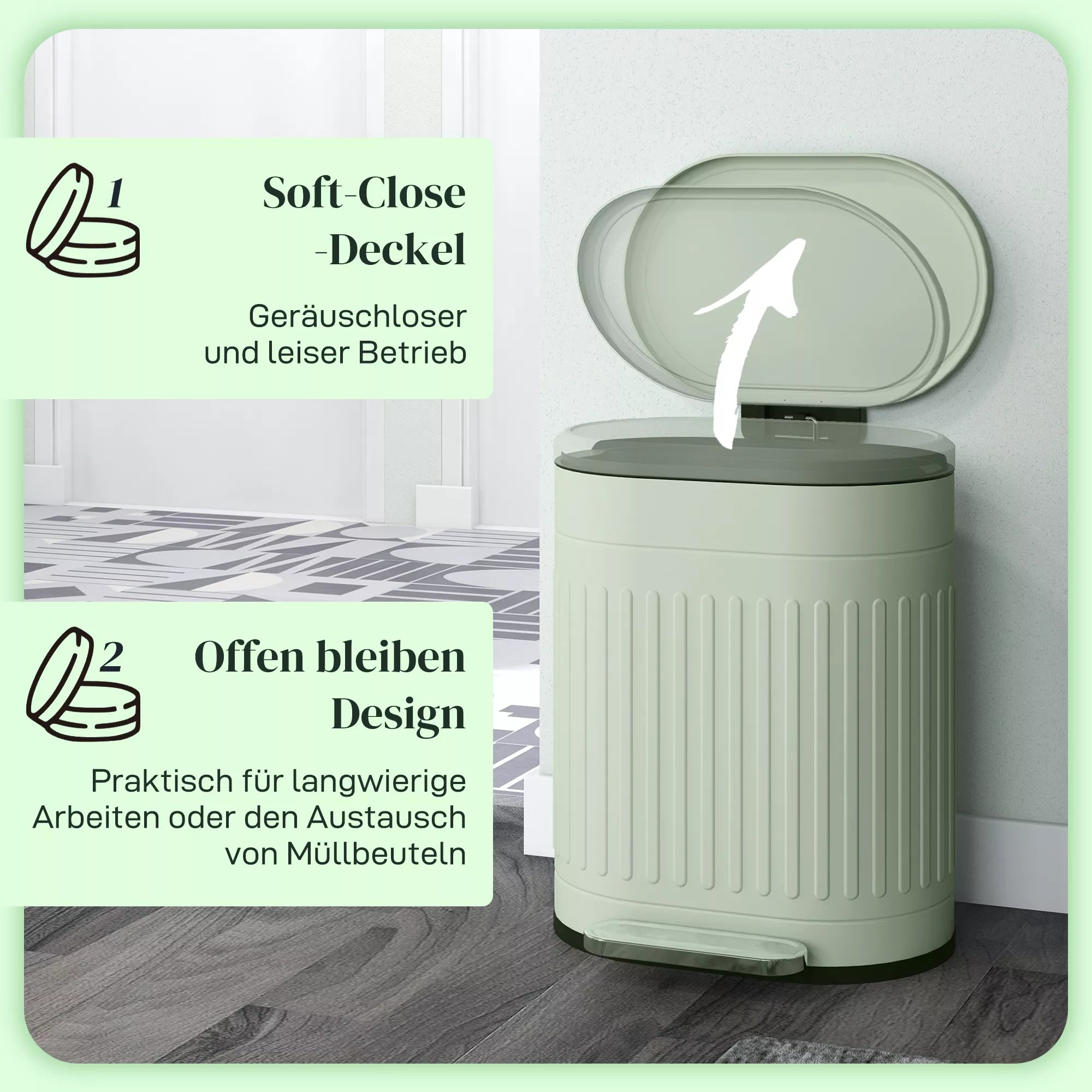 20 l šiukšliadėžė su dangčiu, pėdos pedalu, išimamu vidiniu kibiru ir „Soft-Close“ funkcija, 36,5 x 31,2 x 45 cm, žalia