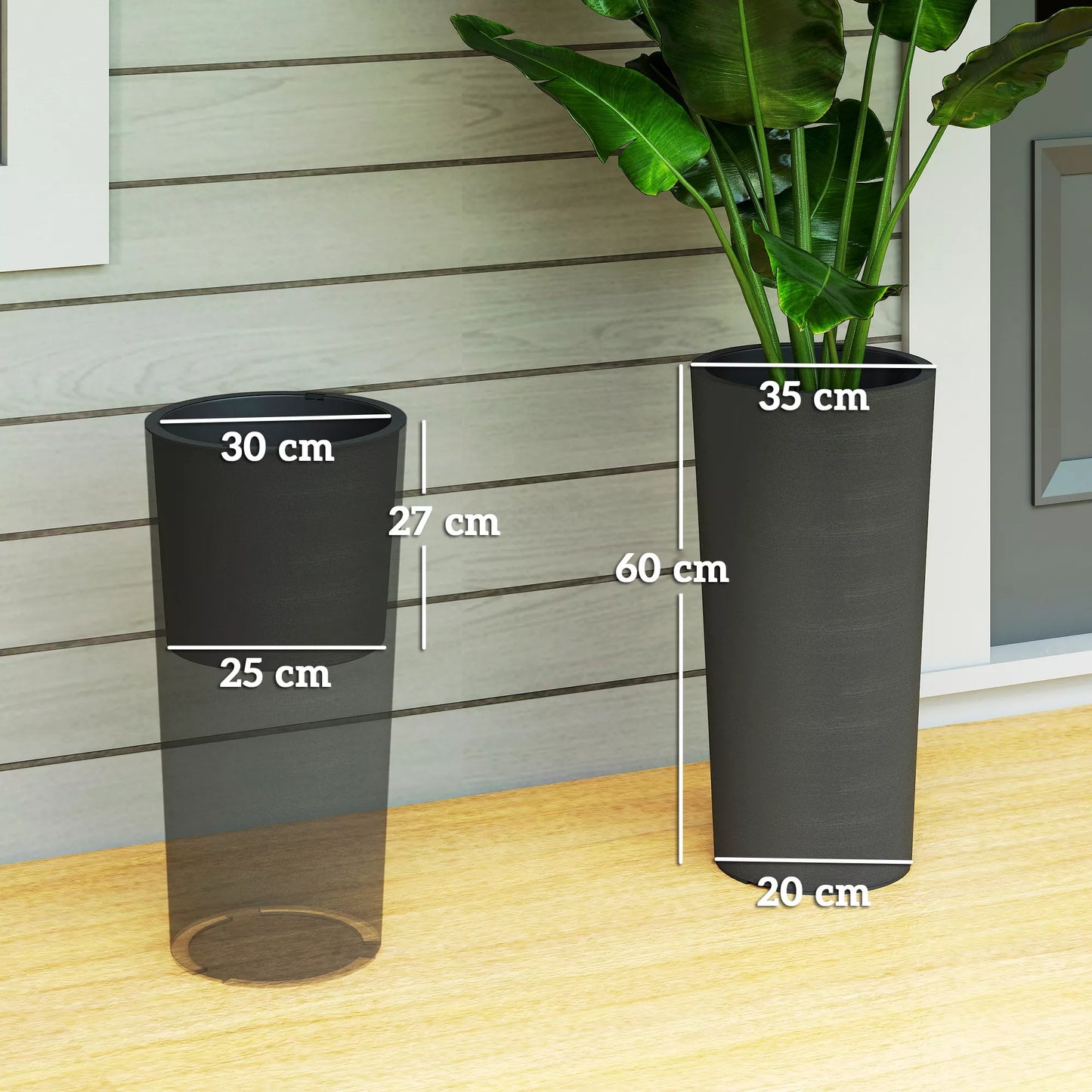 Dviejų dalių vazonų rinkinys su drenažo angomis, apvalus augalų vazonas, 35 x 35 cm, tamsiai pilka
