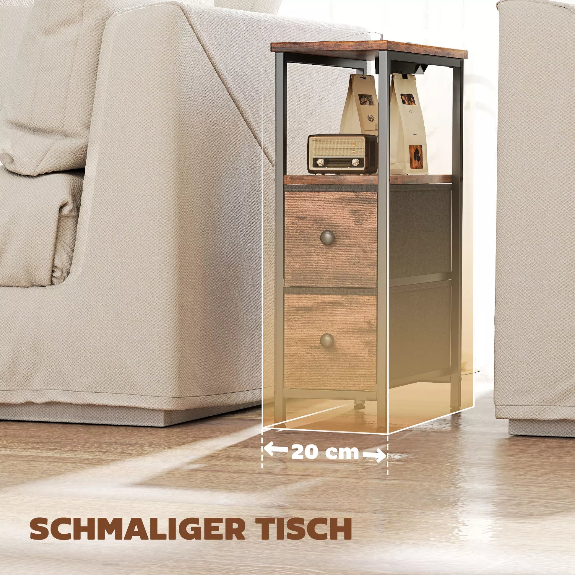 Staliukas su įkrovimo stotele, plieninis rėmas, 2 audinio stalčiai, atvira dėžė, 20 cm x 40 cm x 63 cm, rusvi