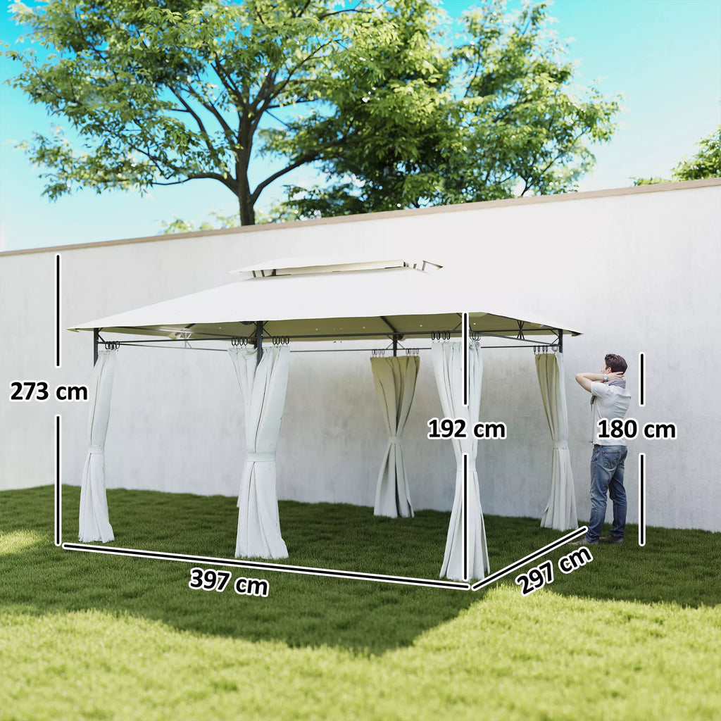 Sodo paviljonas, pavėsinė su 6 šoninėmis sienelėmis ir dvigubu stogu komplektas, plienas ir poliesteris, 4x3 m, kreminė balta