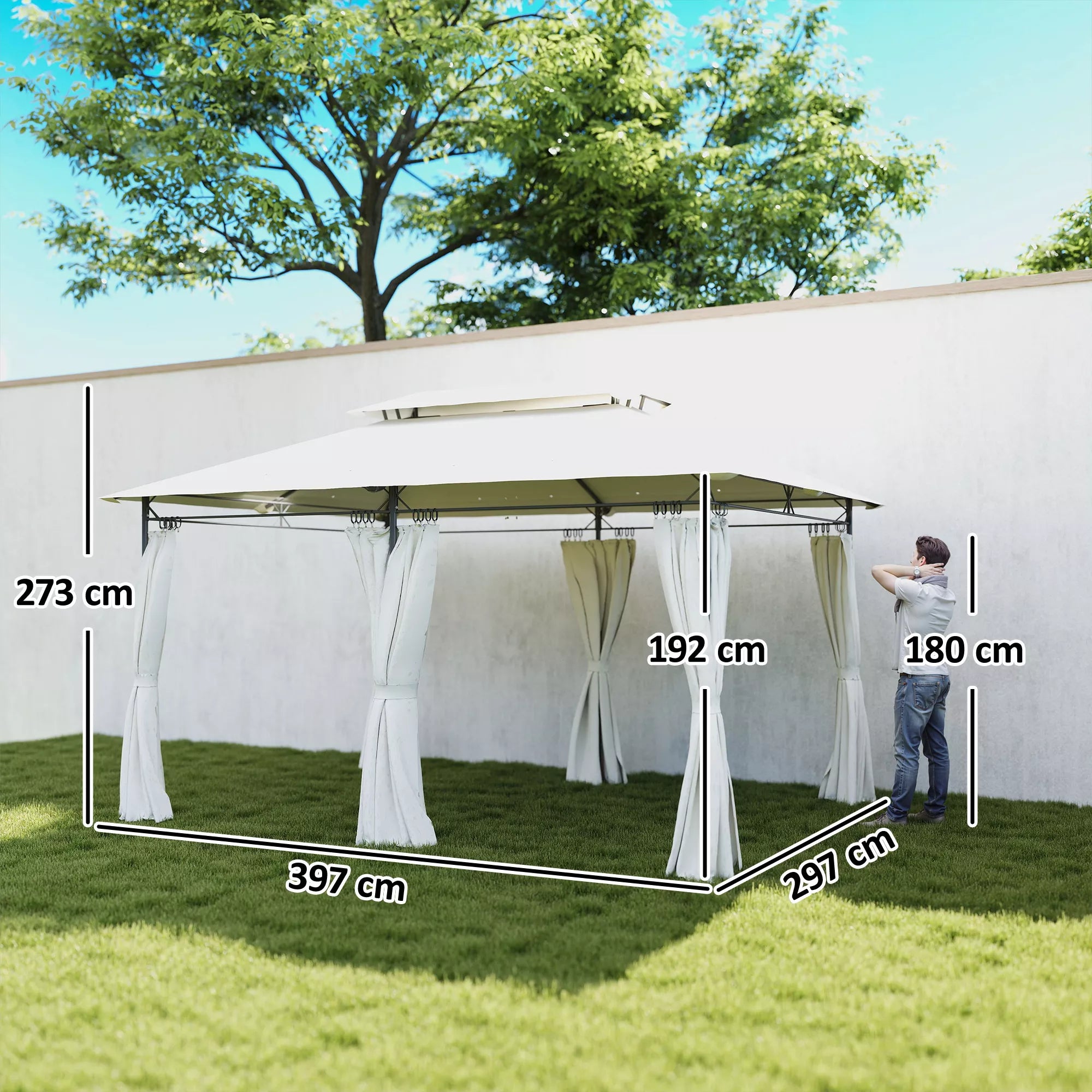 Sodo paviljonas, pavėsinė su 6 šoninėmis sienelėmis ir dvigubu stogu komplektas, plienas ir poliesteris, 4x3 m, kreminė balta