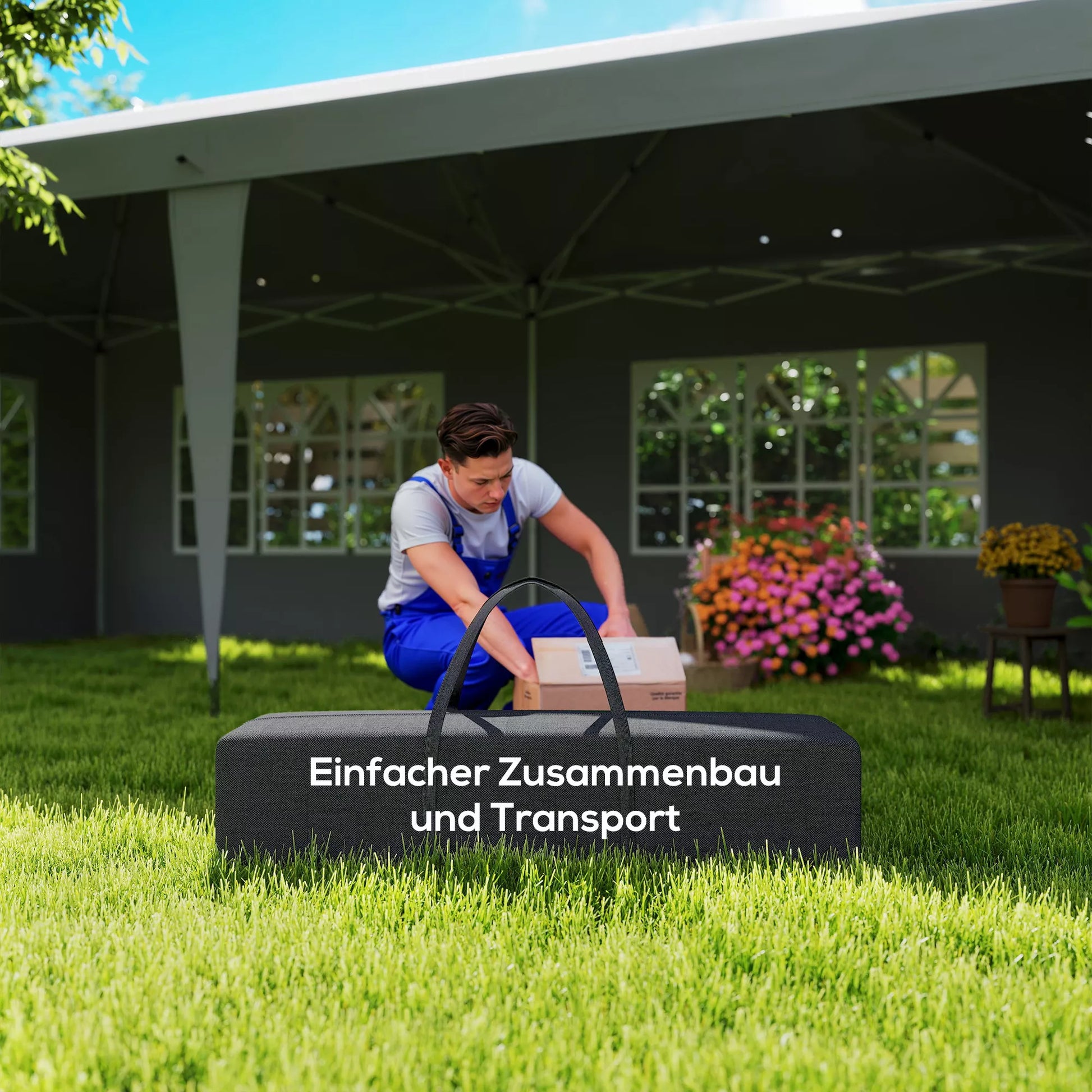 Paviljonas, maždaug 3 x 6 m, vandeniui atsparus, išskleidžiamas, su 4 šoninėmis sienomis, langais, UV apsauga, nešimo krepšiu, pilkos spalvos.