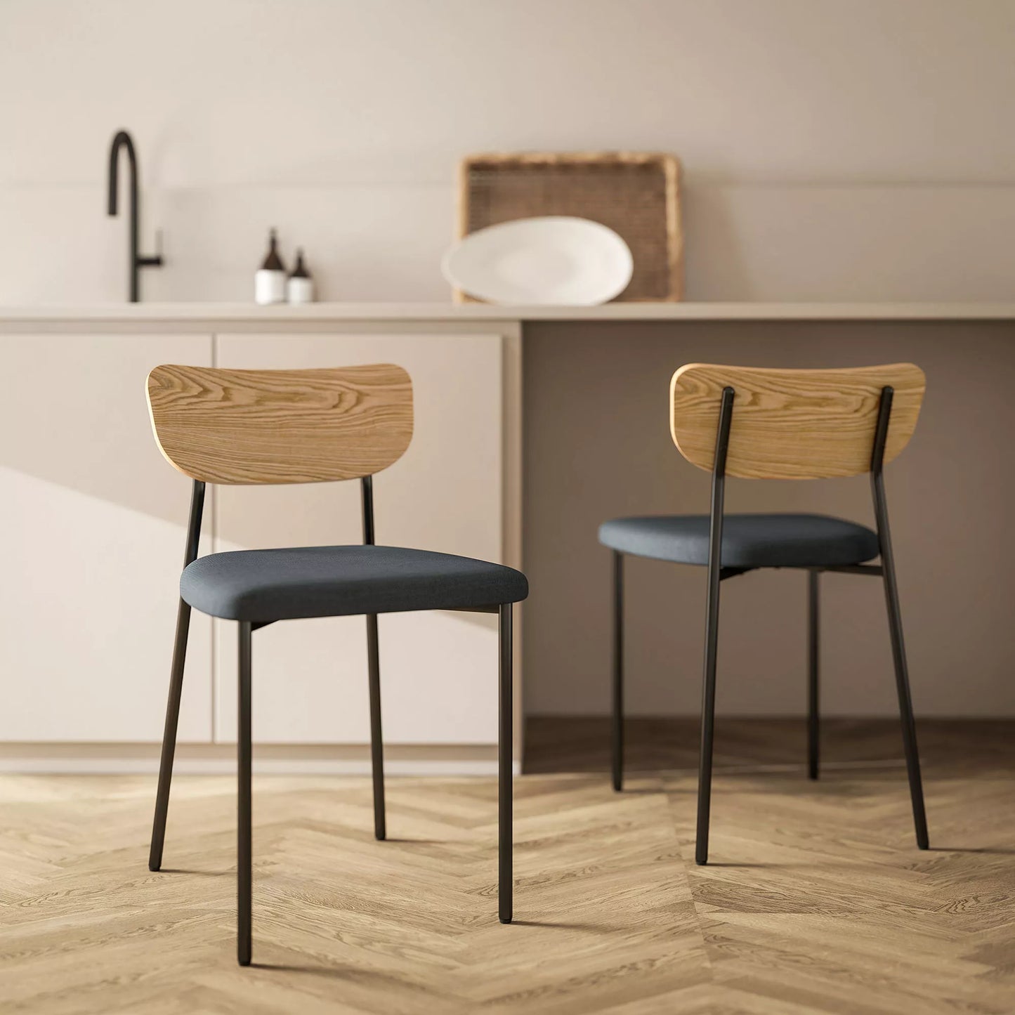 2 valgomojo kėdžių komplektas, lininės išvaizdos, be porankių, metalinės kojos, pilkos