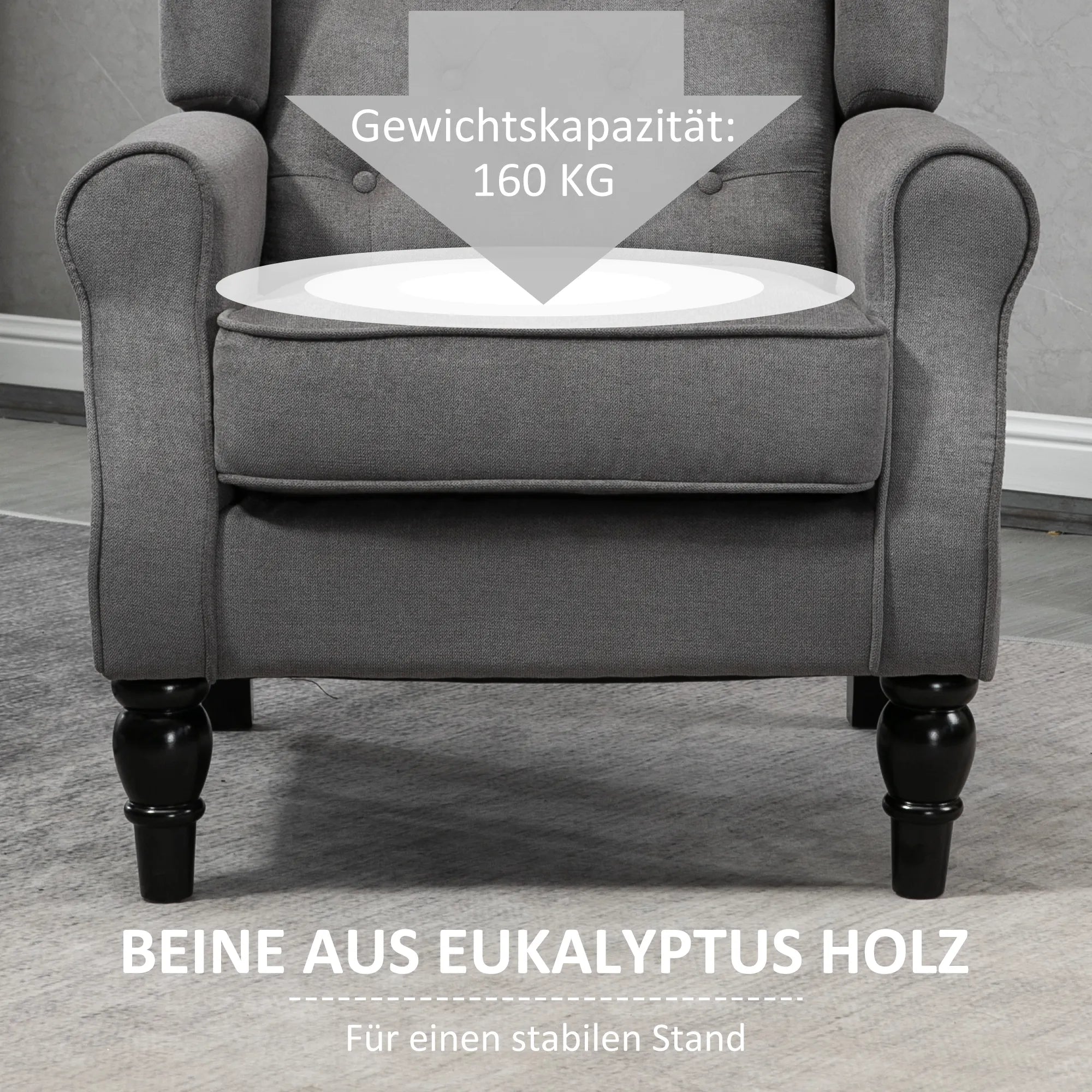 Vintage stiliaus ausinių krėslas, skaitymo krėslas, akcentinis krėslas, medinės kojos, sagų apsiuvimas, pilkos + juodos spalvos