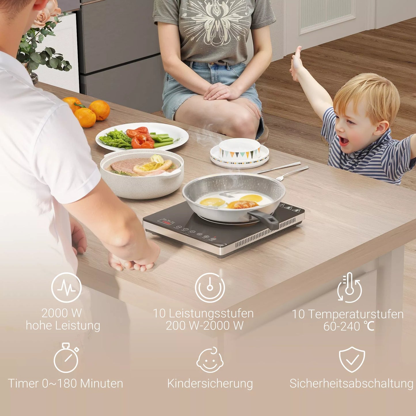 Indukcinė kaitlentė su 10 pakopų temperatūros valdymu, lietimui jautriu skydeliu, juoda