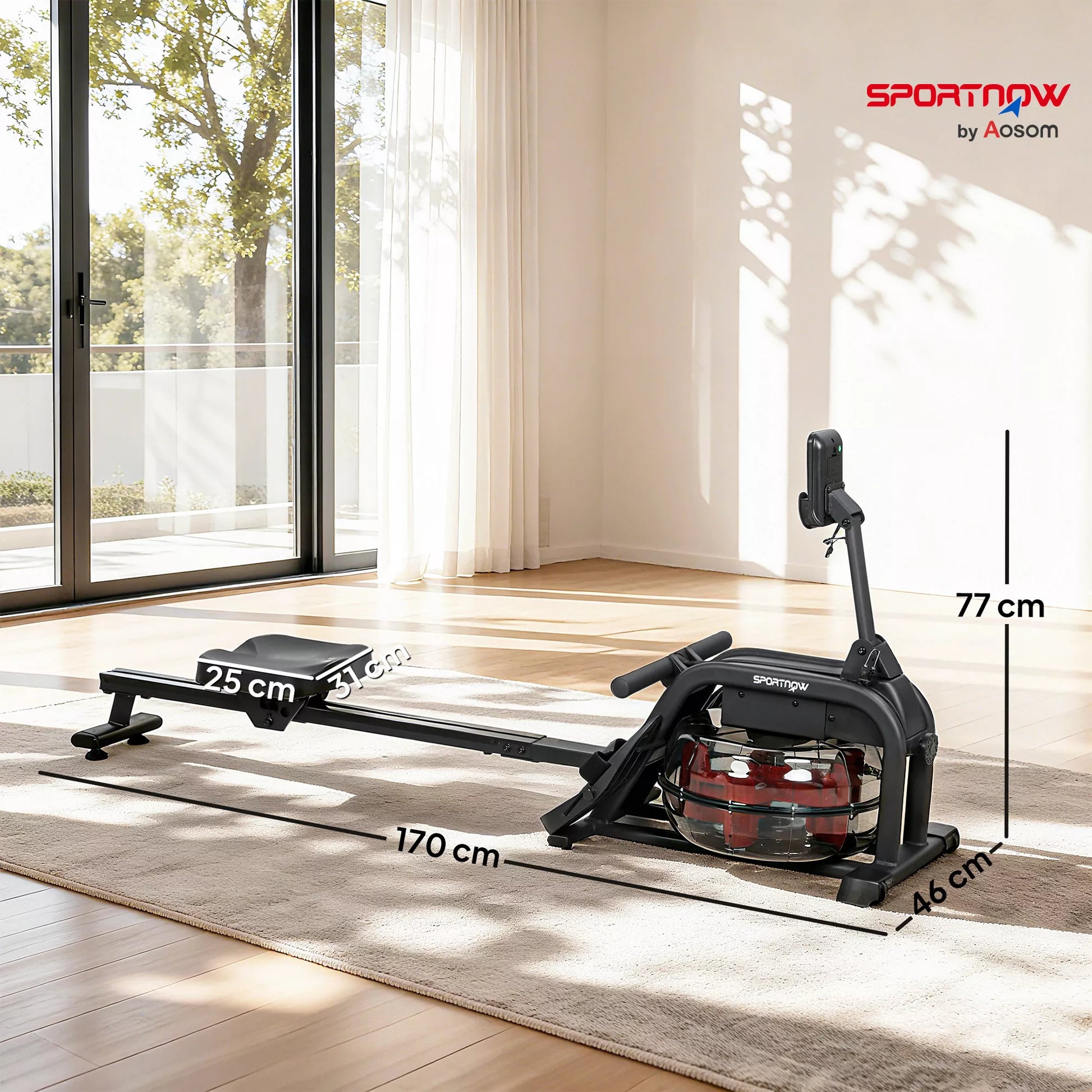 Irklavimo treniruoklis, irklavimo staklės su 6-11 L vandens baku, LCD monitoriumi, telefono laikikliu, 135 kg keliamoji galia, plienas, juodas