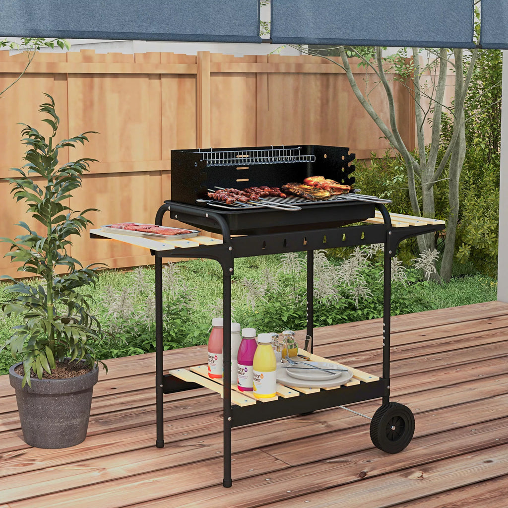 Metalinis anglies grilis BBQ Smoker su ratukais, aukščio reguliuojamas grotelių aukštis, medienos dėklas 103x47x95 cm Juodas