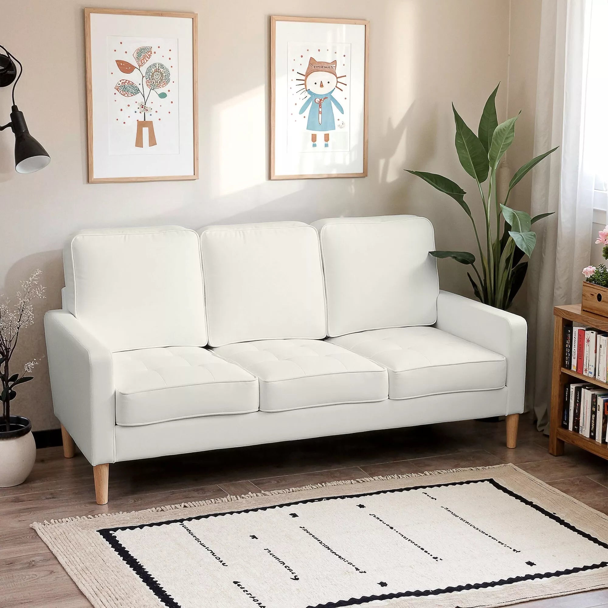 3 vietų sofa su storais pagalvėlėmis, kaučiuko medis, audinio apmušalas, minkšta sofa svetainėms, biurams, miegamiesiems, kreminė balta spalva