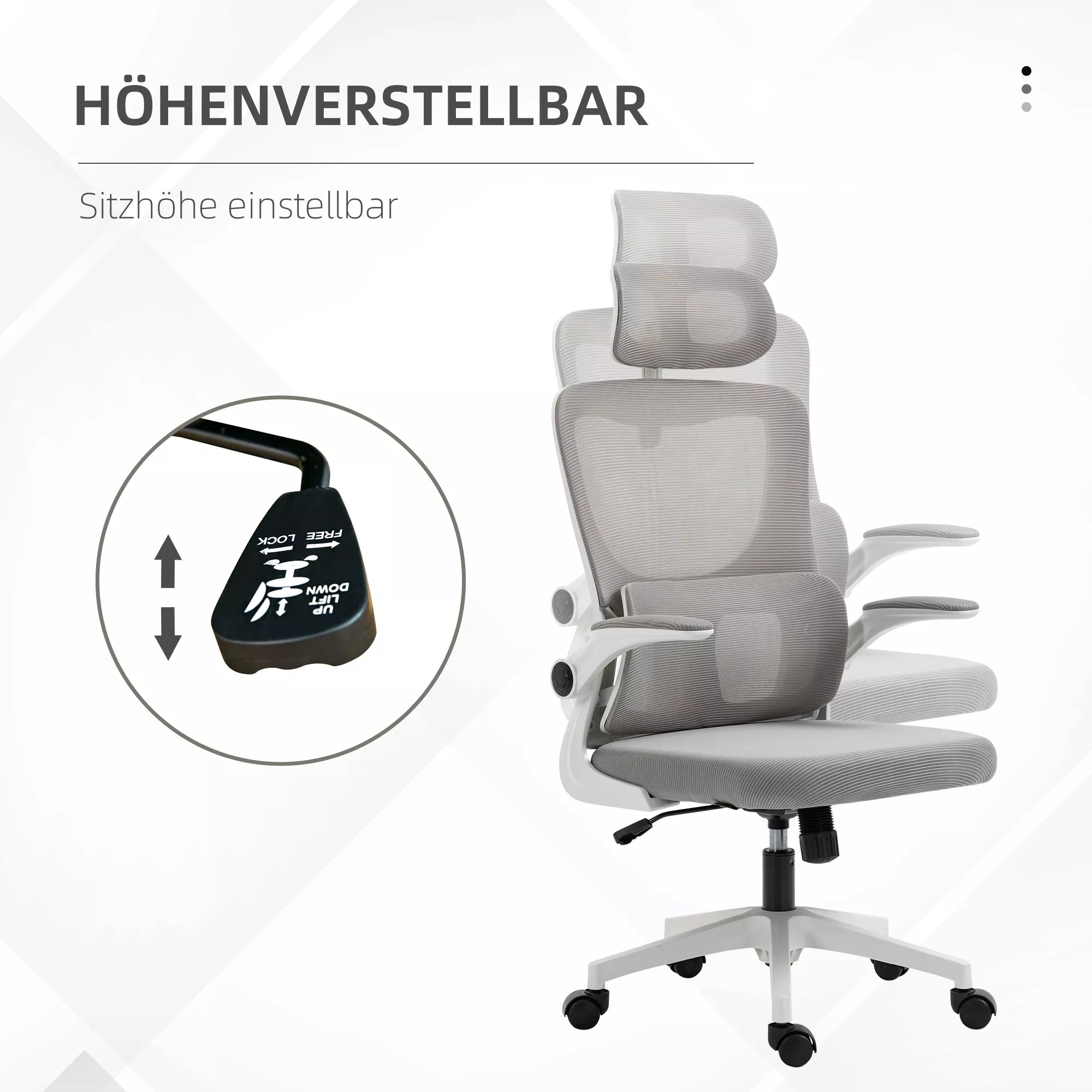 Biuro kėdė, reguliuojamo aukščio, reguliuojama galvos atrama, iki 120 kg, 60x59x114-122 cm, pilka