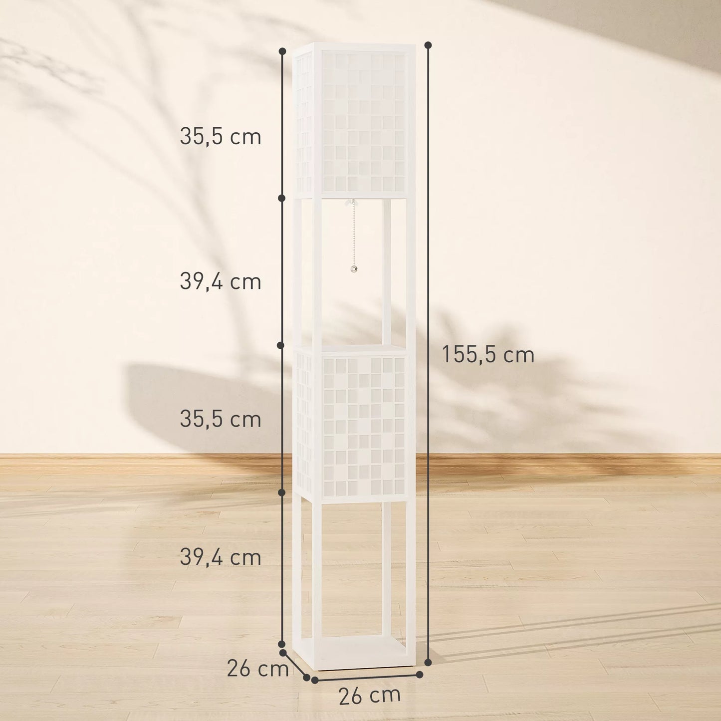 Pastatomas šviestuvas, grotelių raštas, 2 pakopų lentynos, tinka įvairioms lemputėms, balta