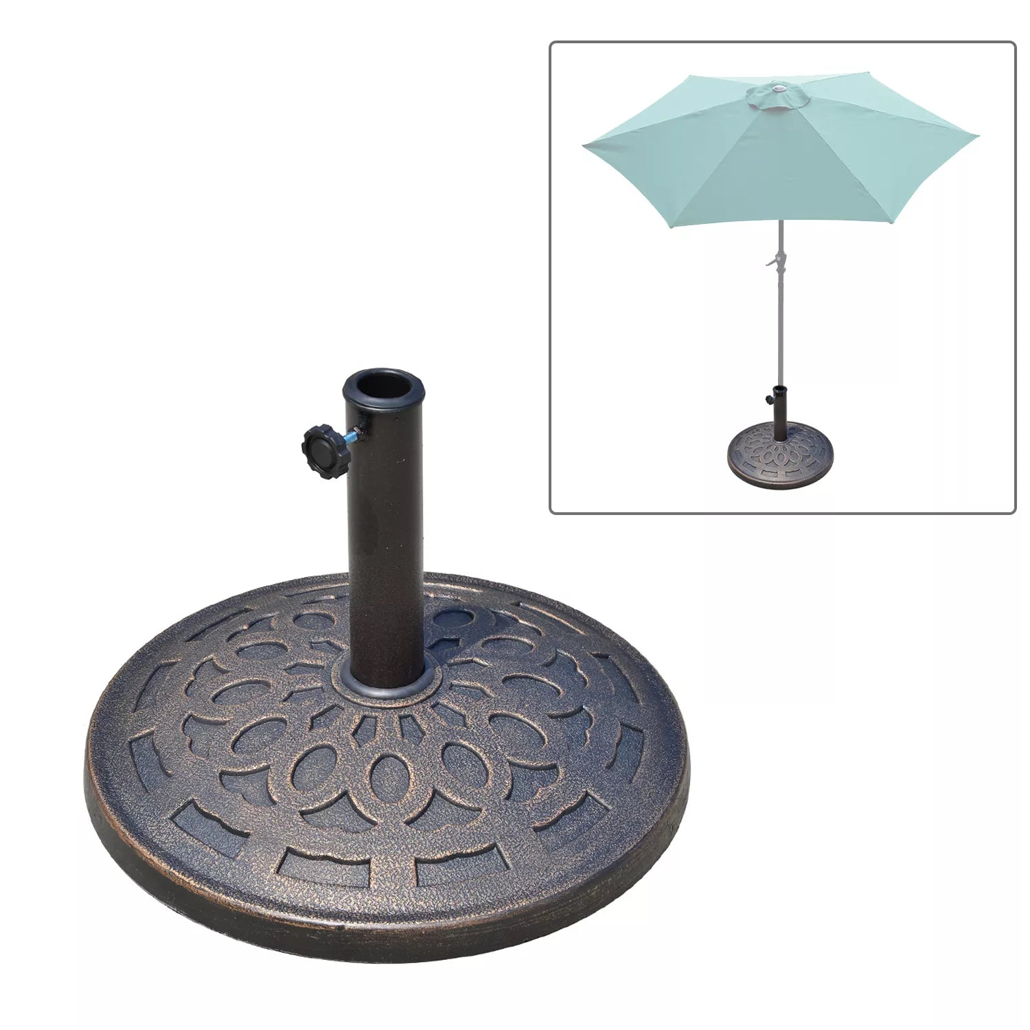 Saugos nuo saulės stovas iš dervos 14 kg stovo rankenos, apvalus stovo laikiklis, stovo svoris saugos nuo saulės stovui 38 mm/48 mm vamzdžio skersmens, balkonui, terasai, sodui, bronzos spalvos
