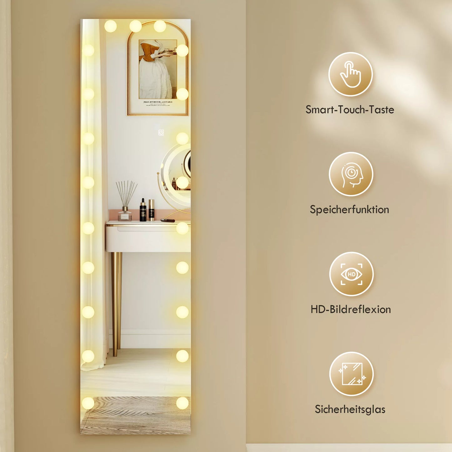 Visą kūną atspindintis veidrodis 150x40 cm RGB LED stovas su 21 lempute 7 šviesos spalvos Touch jungiklis Atminties funkcija