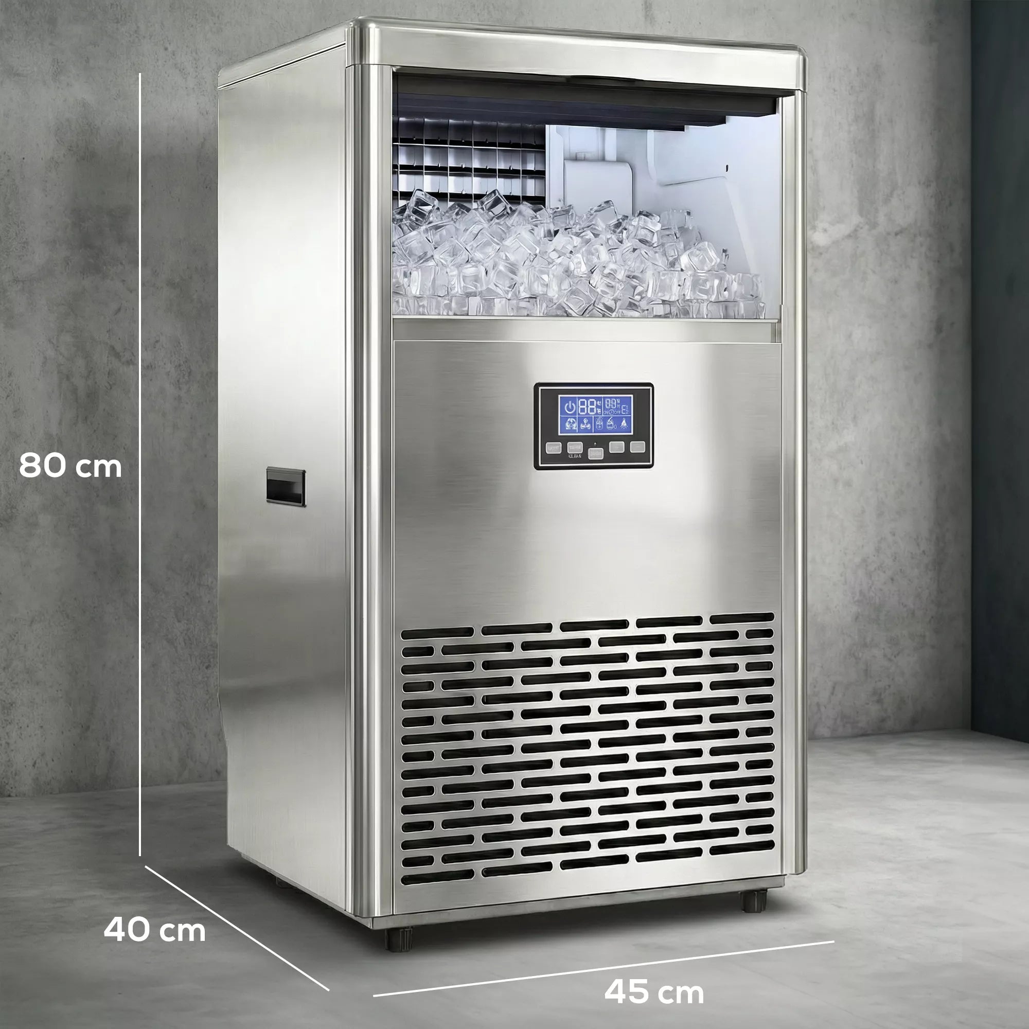 Profesionalus ledo gaminimo aparatas, 45 kg per 24 val., nerūdijantis plienas, su 13 kg talpos rezervuaru, savaiminio valymo funkcija, sidabrinės spalvos