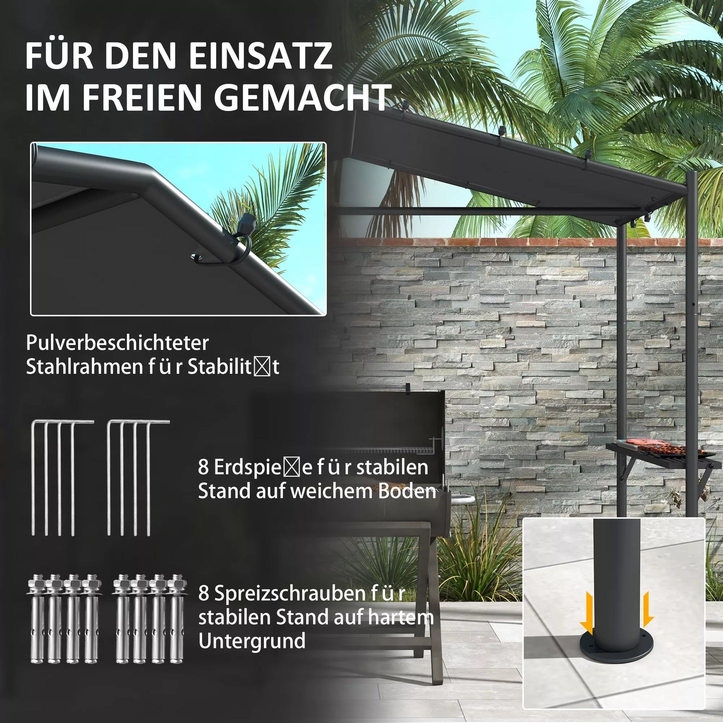 Grilio palapinė, grilio stogas, atsparus oro sąlygoms, su šoninėmis kišenėmis, 277 x 149 x 230 cm, tamsiai pilka