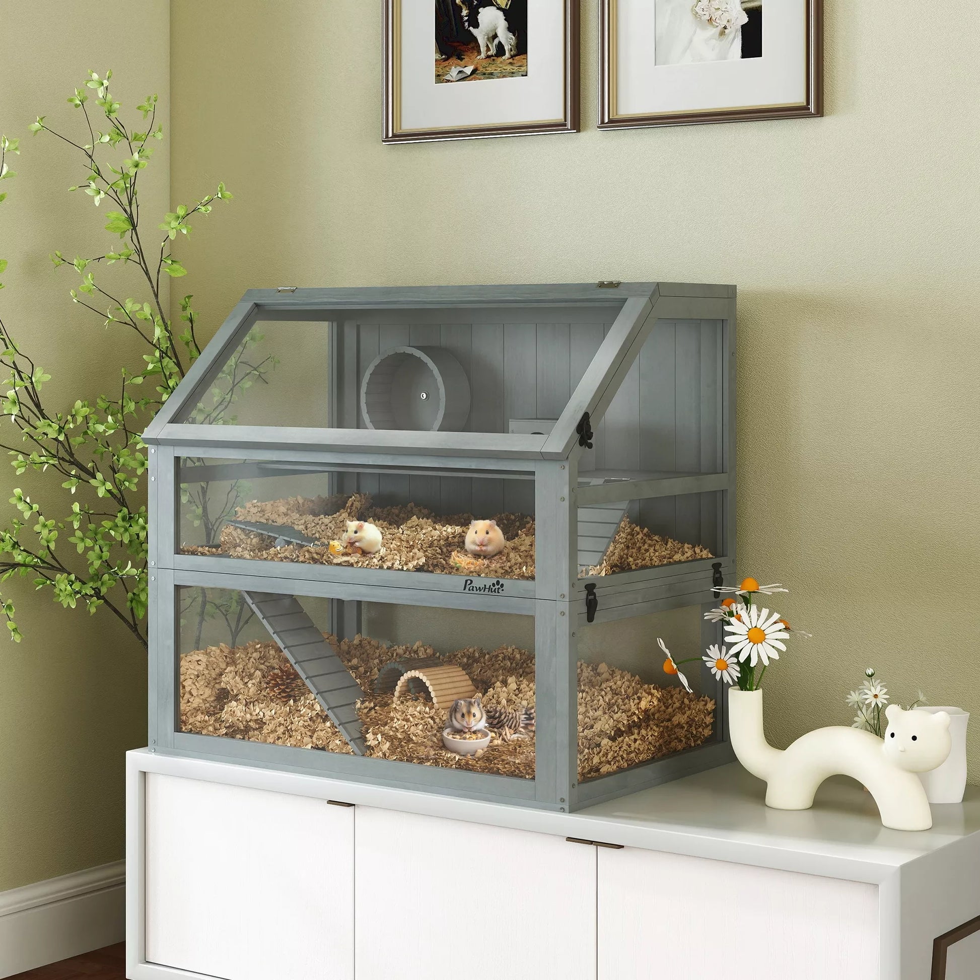 Medinų namelis žiurkėnams, 3 aukštų su didele dugnine, nuimamais lygiais, smulkiems gyvūnėliams, 80x50x76cm, šviesiai pilkas